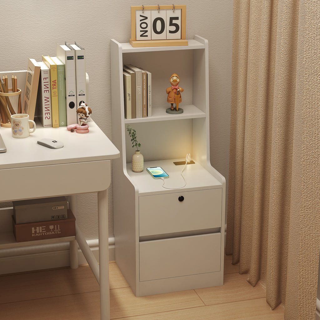 Nightstand with Charging Station, Smart Nightstand with Night Light, Modern Night Stand with Bookshelf, Bedside Tables with Storage Cabinet for Bedroom, White - Grand Goldman Shop