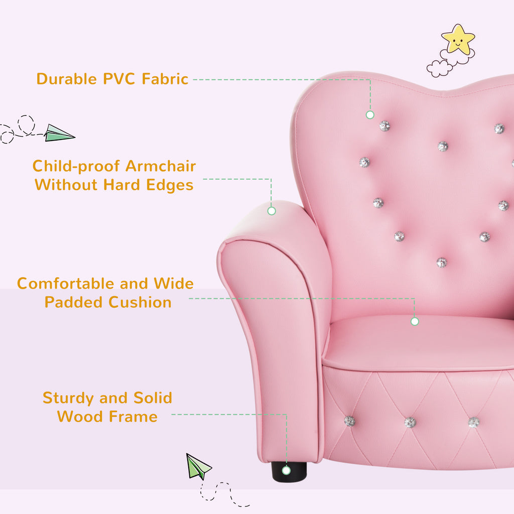 Qaba Kids Sofa Toddler Tufted Upholstered Sofa Chair Princess Couch Furniture with Diamond Decoration for Preschool Child, Pi