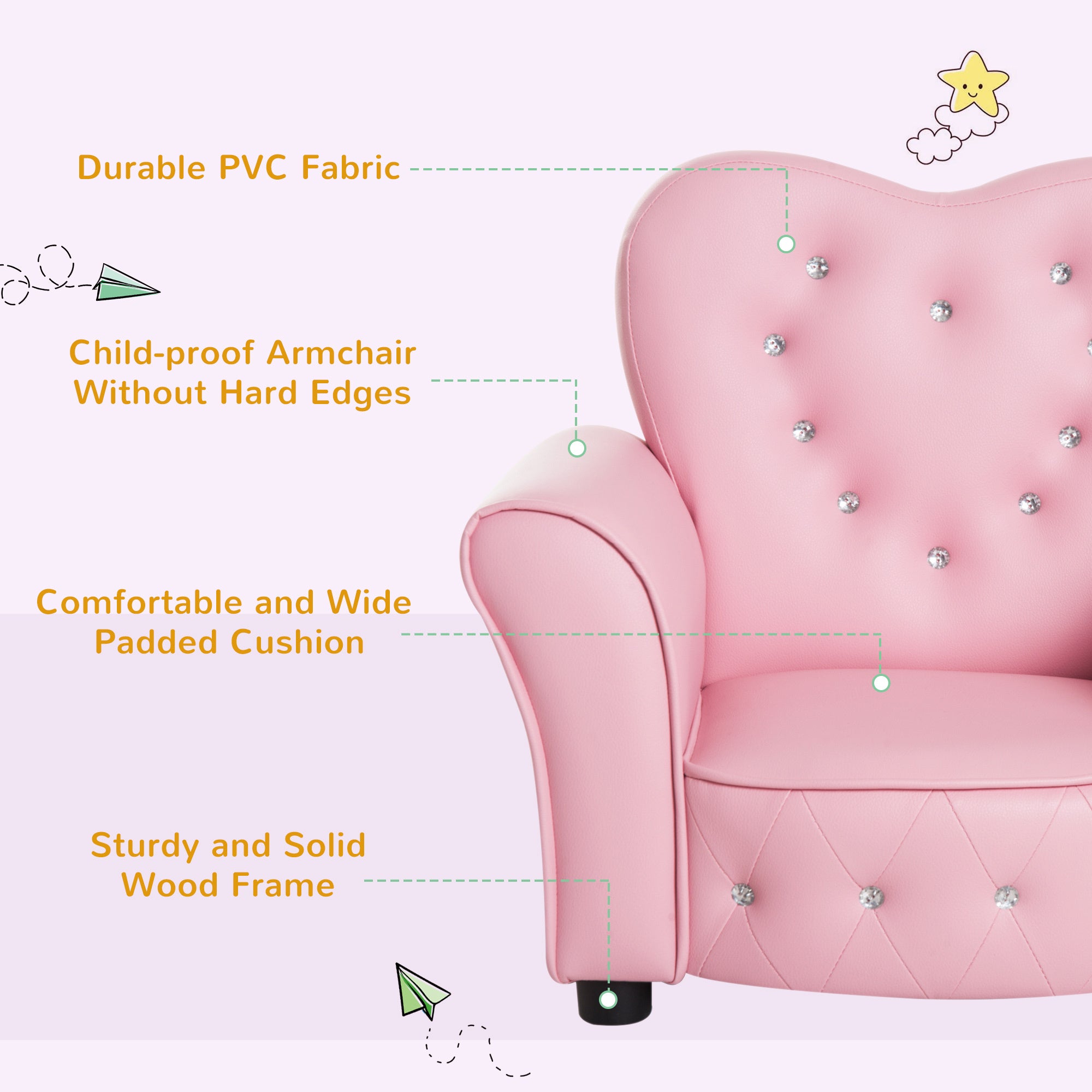Qaba Kids Sofa Toddler Tufted Upholstered Sofa Chair Princess Couch Furniture with Diamond Decoration for Preschool Child, Pi