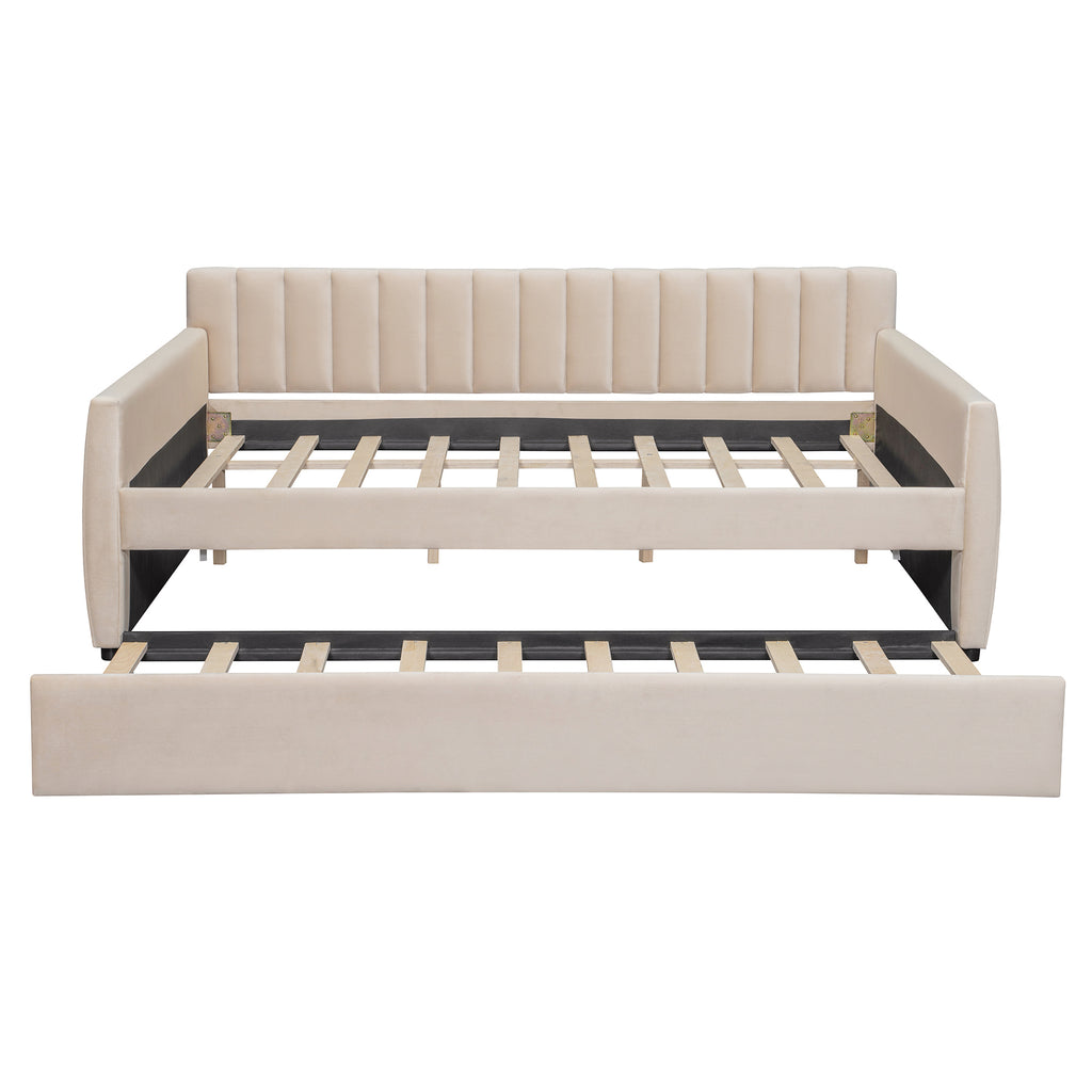Full Size Upholstered daybed with Trundle and Wood Slat Support, Beige(Old SKU:LP000121AAA) - Grand Goldman Shop