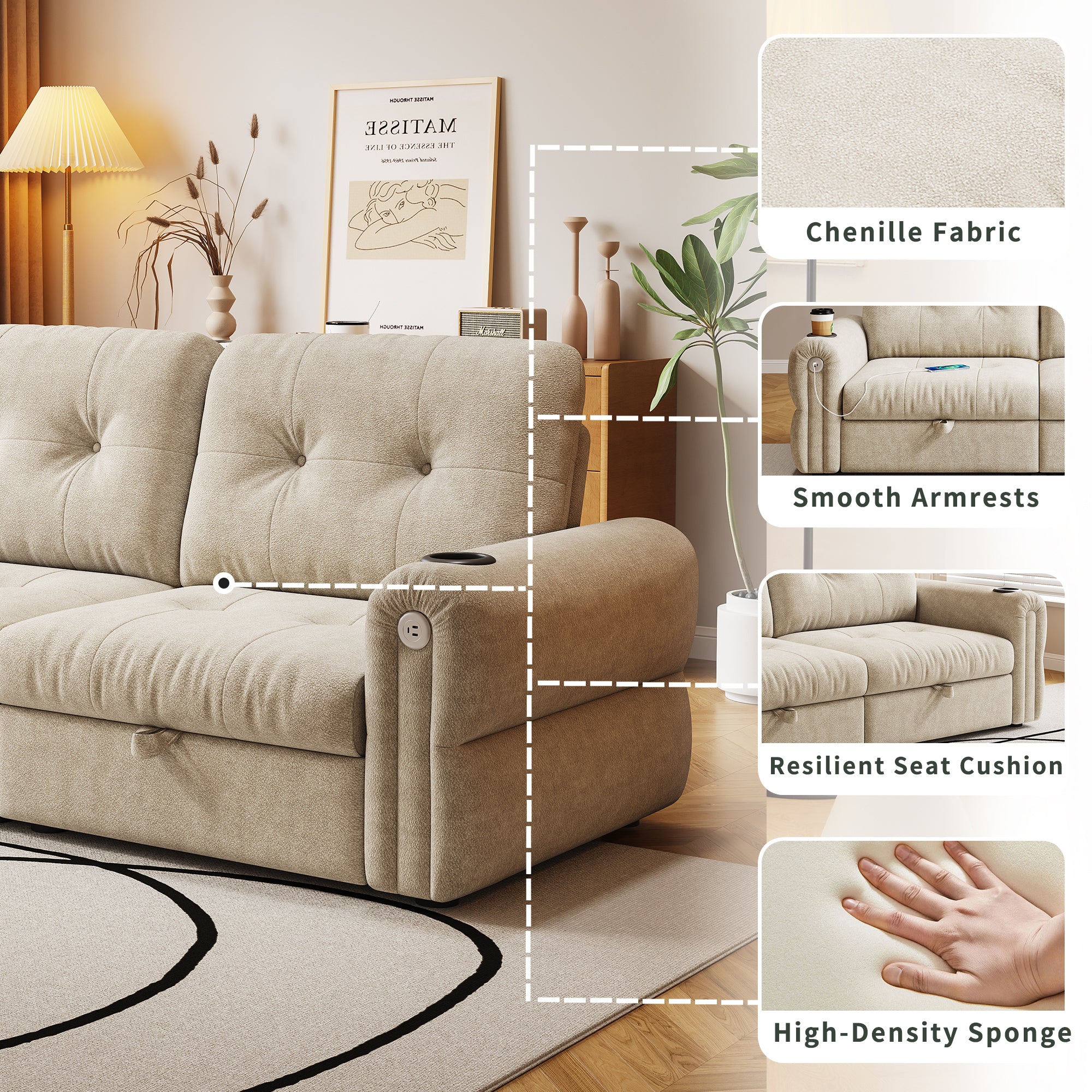 It is a multi-functional sofa, a 77-inch convertible sofa bed, and a 2-in-1 piece suitable for both sitting and lying down. Made of  Chenille fabric, it is suitable for living rooms, bedrooms - Grand Goldman Shop