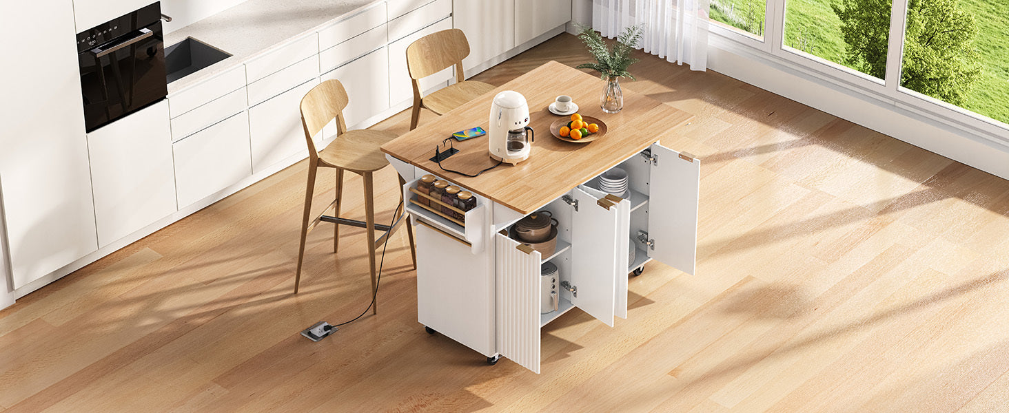 K&K 55.5' Fluted Kitchen Island with 2 Drop Leaf, Kitchen Storage Cart with Power Outlet, 4 Doors, Spice rack, Rolling Island Table with Wood-grain Top, Curved Edge for Kitchen, Dining Room,White - Grand Goldman Shop