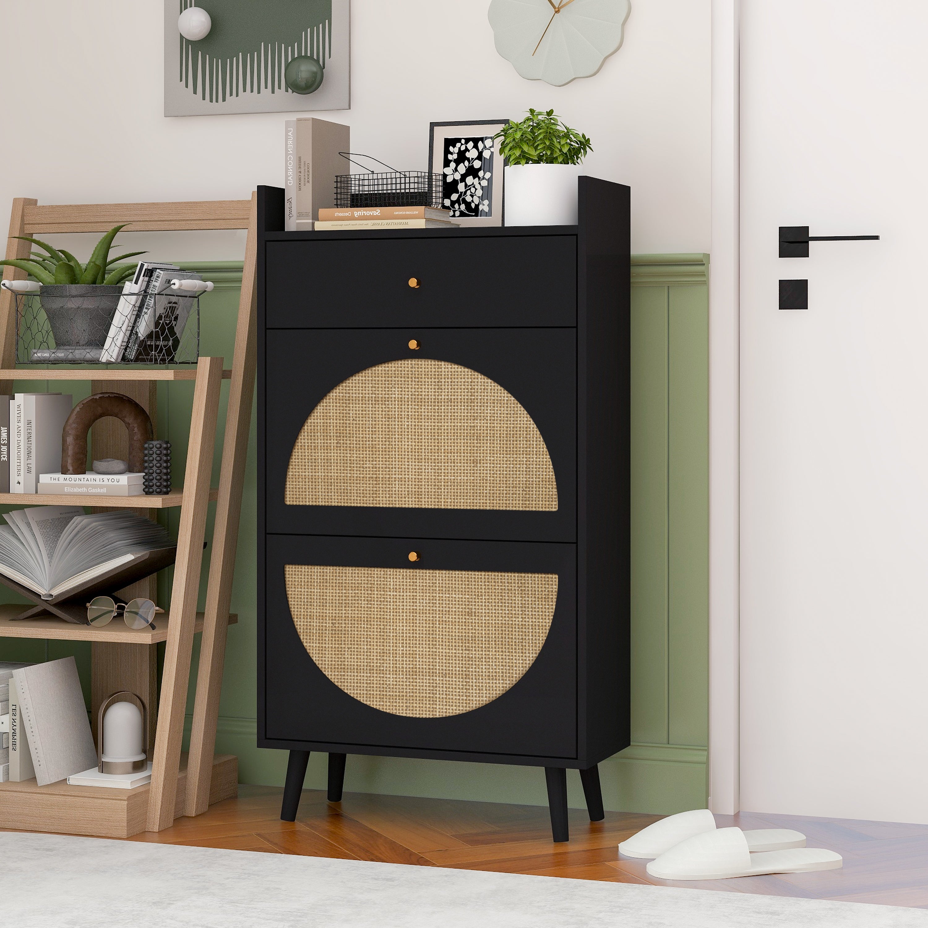 Allen Rattan 2-Door 1-Drawer Cabinet Shoe Rack for Entrance, Black Particle Board, Double Layer - Grand Goldman Shop