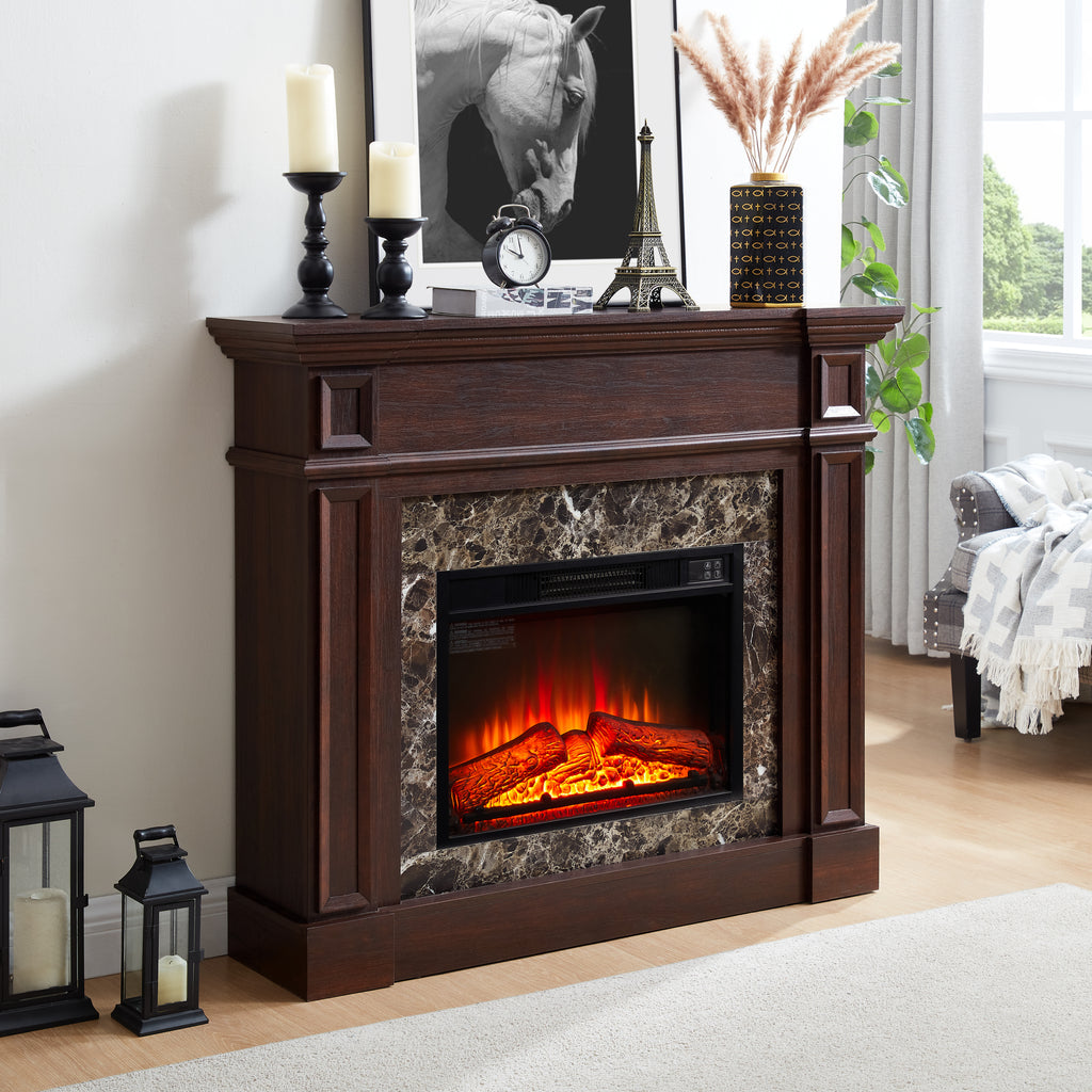 Electric Fireplace with Mantel, Fireplace Mantel, Fireplace Heater Freestanding, Realistic Stacked Stone Surround with Remote Control Timer LED Flame, Cherry, 45.66'W*11.8'D*40'H - Grand Goldman Shop