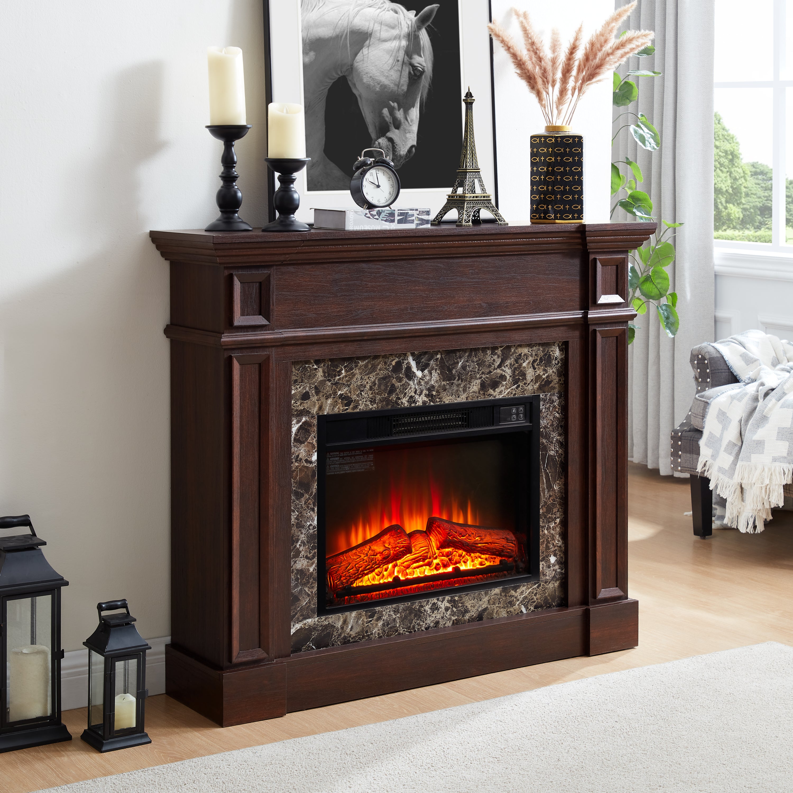 Electric Fireplace with Mantel, Fireplace Mantel, Fireplace Heater Freestanding, Realistic Stacked Stone Surround with Remote Control Timer LED Flame, Cherry, 45.66'W*11.8'D*40'H - Grand Goldman Shop