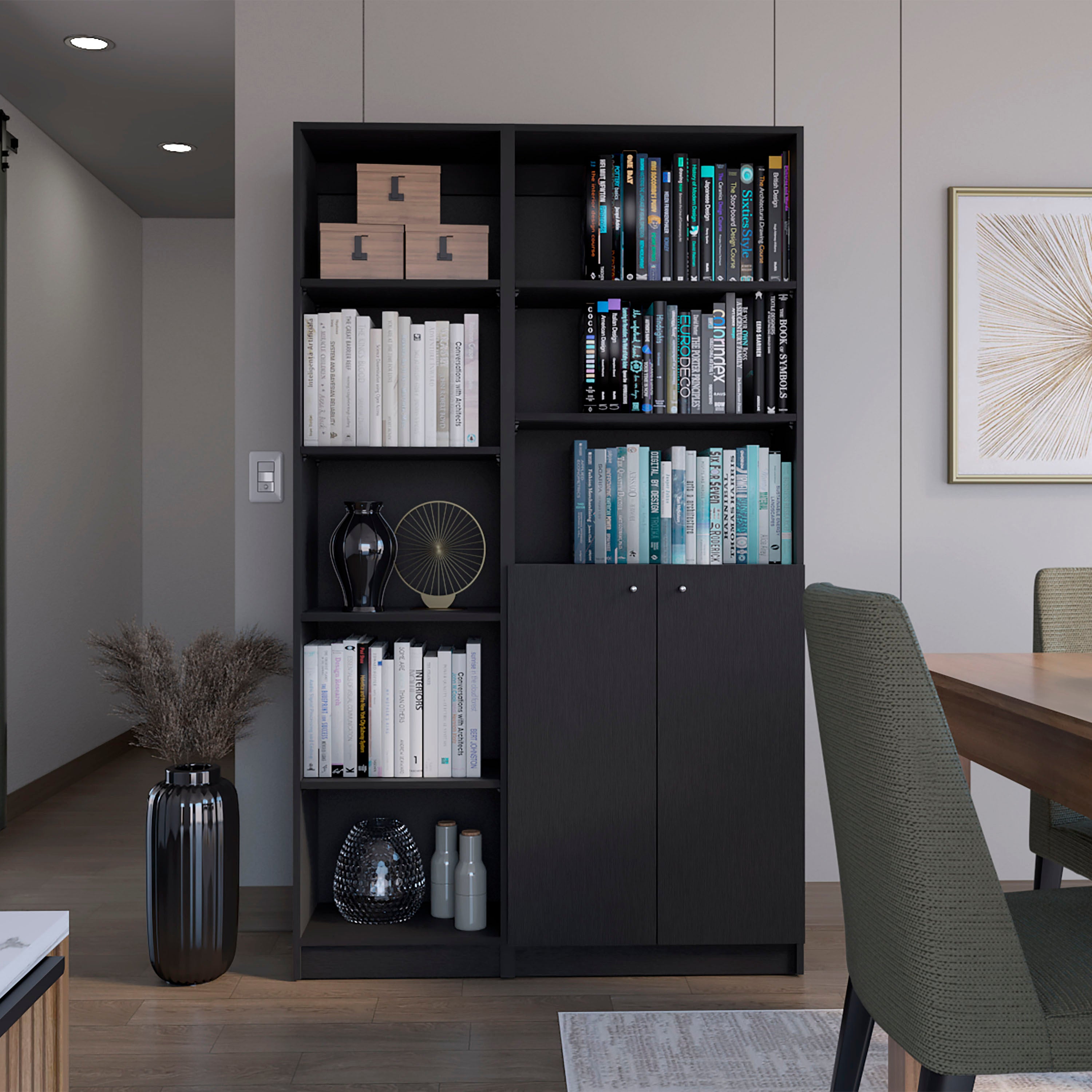 Micco 2 Piece 2 Piece Home Bookcase set, 42' Wide  with 8 Shelves and Double Door Cabinet, Living Room Set Black - Grand Gold