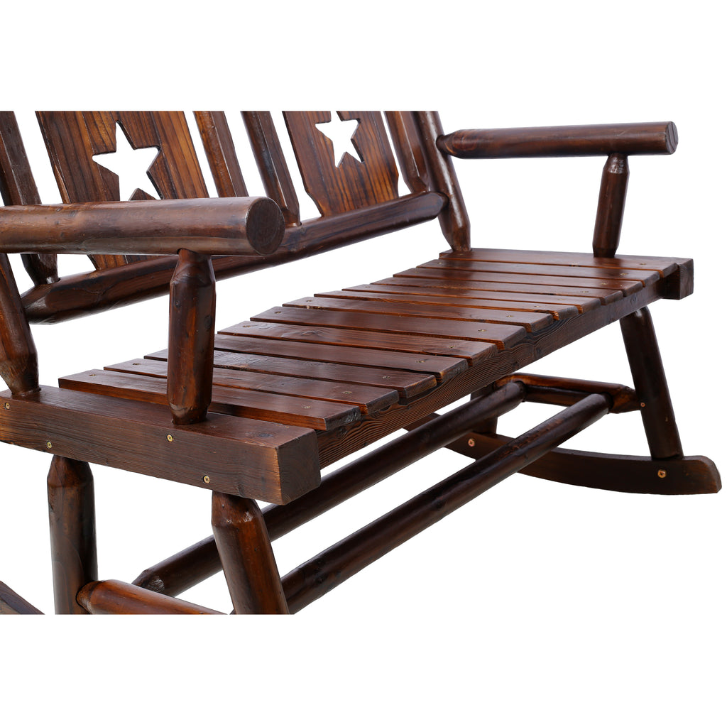 Outdoor Wood Rocking Bench Carbonized Double Rocking Chair for 2 Persons with Wide Curved Seat, Porch Rocker for Porch, Garden, Backyard, Rustic Brown - Grand Goldman Shop