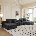 150''Width 5-piece Sectional Sofa with 2 Ottomans,Comfy U-shaped Sofa Couch for Living Room,BLACK Plush Corduroy Fabric - Grand Goldman Shop