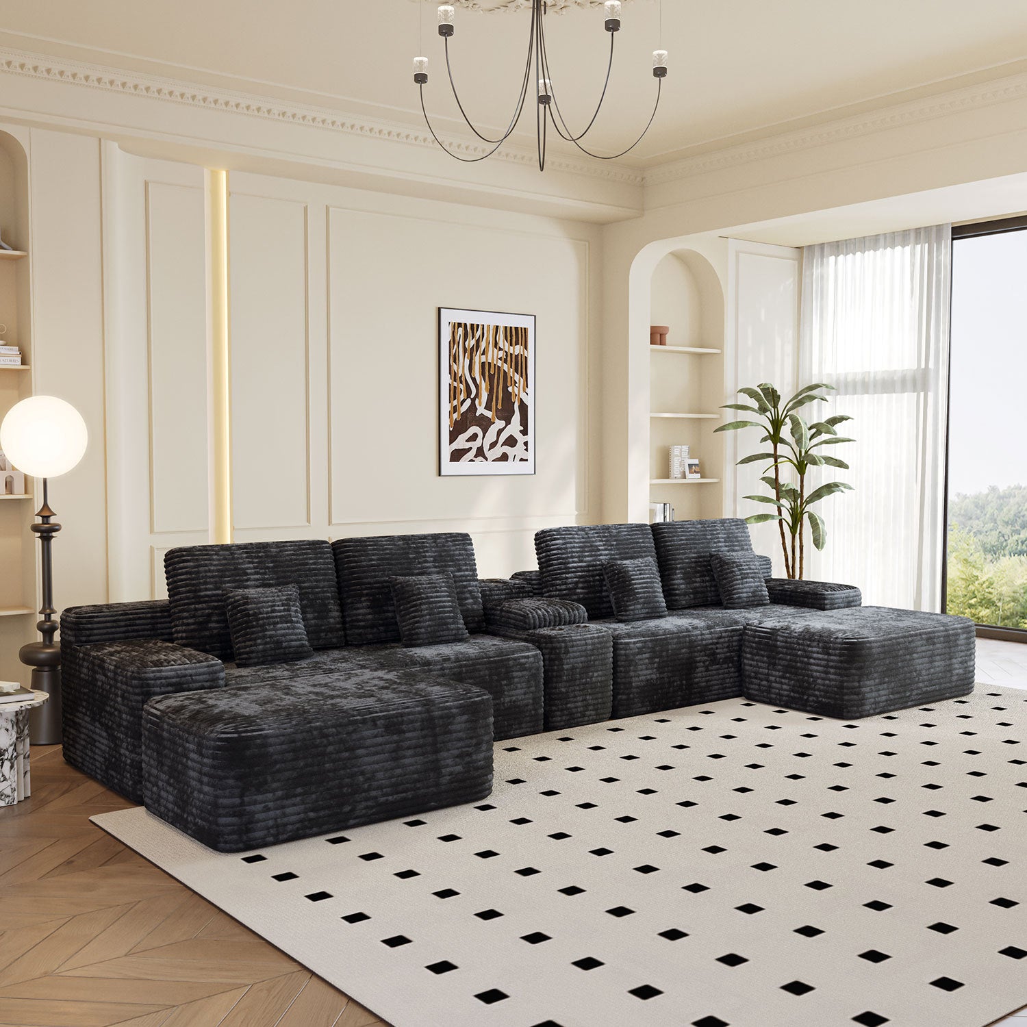 150''Width 5-piece Sectional Sofa with 2 Ottomans,Comfy U-shaped Sofa Couch for Living Room,BLACK Plush Corduroy Fabric - Grand Goldman Shop