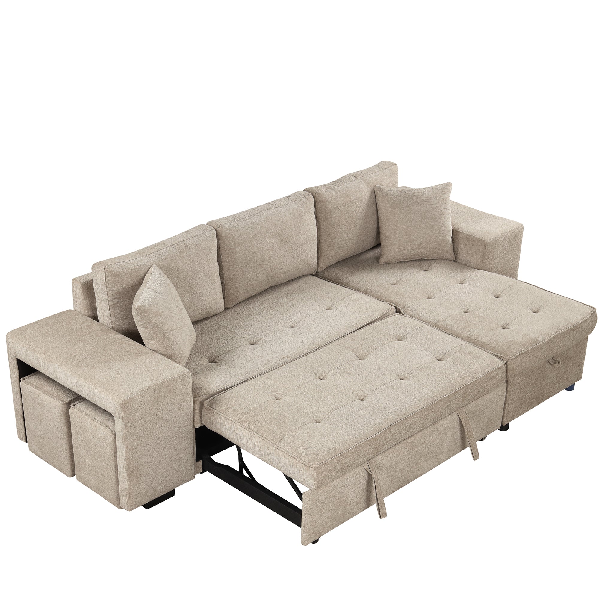 Modern L-Shape 3 Seat Reversible Sectional Couch with Pull Out Sleeper, Storage Chaise & 2 Stools, Cream, Linen Chenille - Grand Goldman Shop
