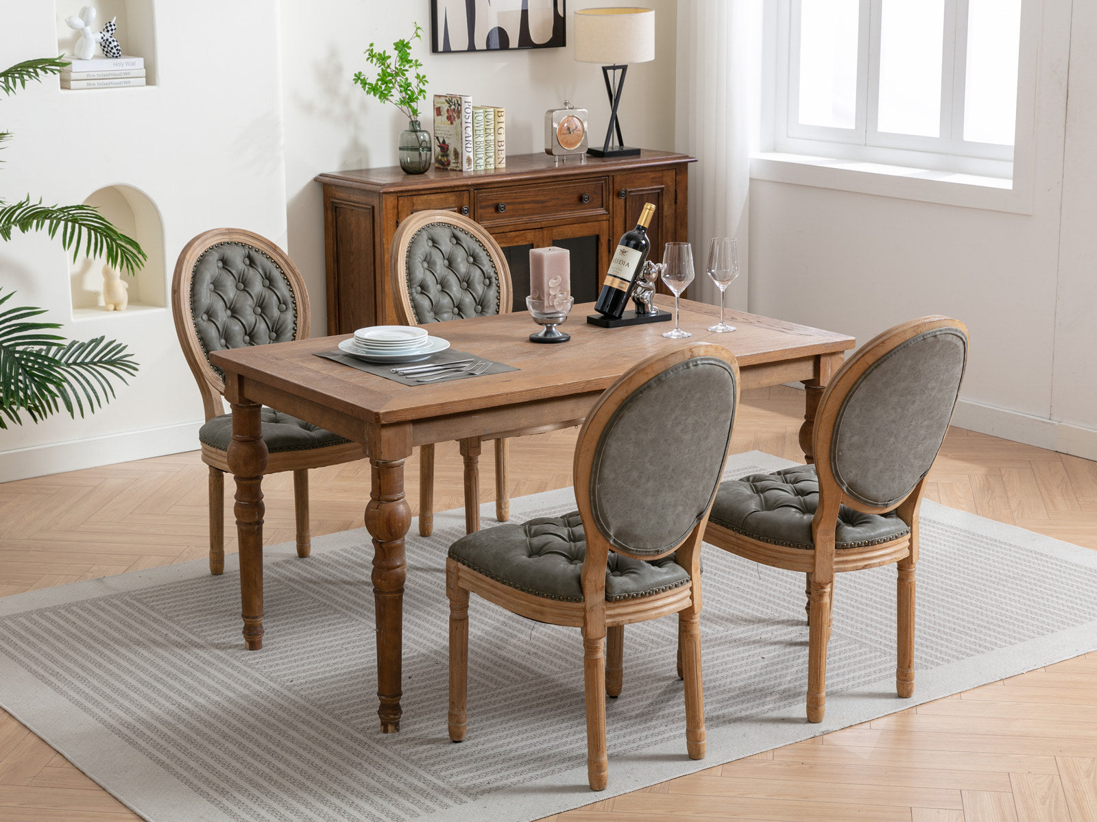 French Style Solid Wood Frame Antique Painting,Hand-pulled buckle decoration PU artificial leather Dining Chair with Nailhead Trim ,Wood Legs,Set of 2,White Pine Green,SW1839WP - Grand Goldman Shop