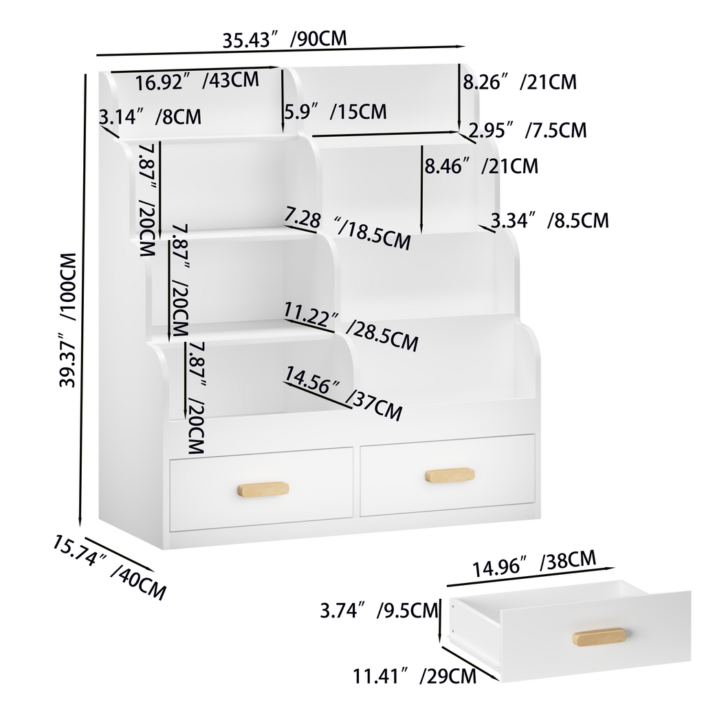 Kids Bookshelf with 2 Storage Drawers, Front-Facing Children's Bookcase and Toy Organizer, Multi-Tier Reading Shelf for Toddl