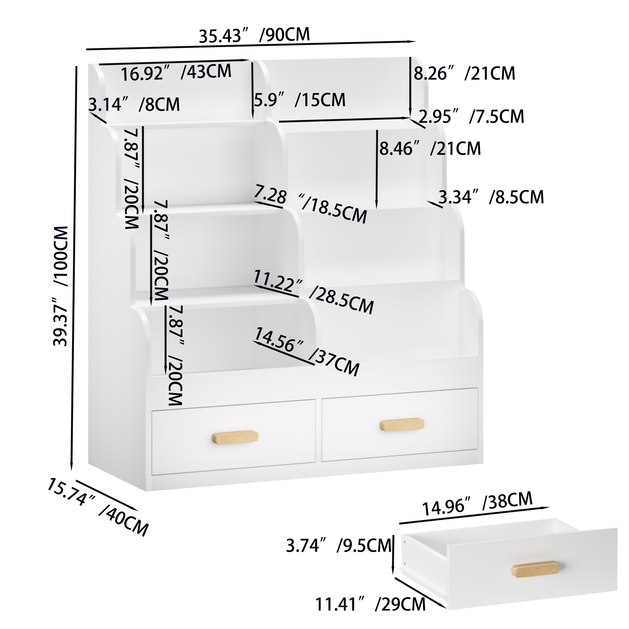 Kids Bookshelf with 2 Storage Drawers, Front-Facing Children's Bookcase and Toy Organizer, Multi-Tier Reading Shelf for Toddl