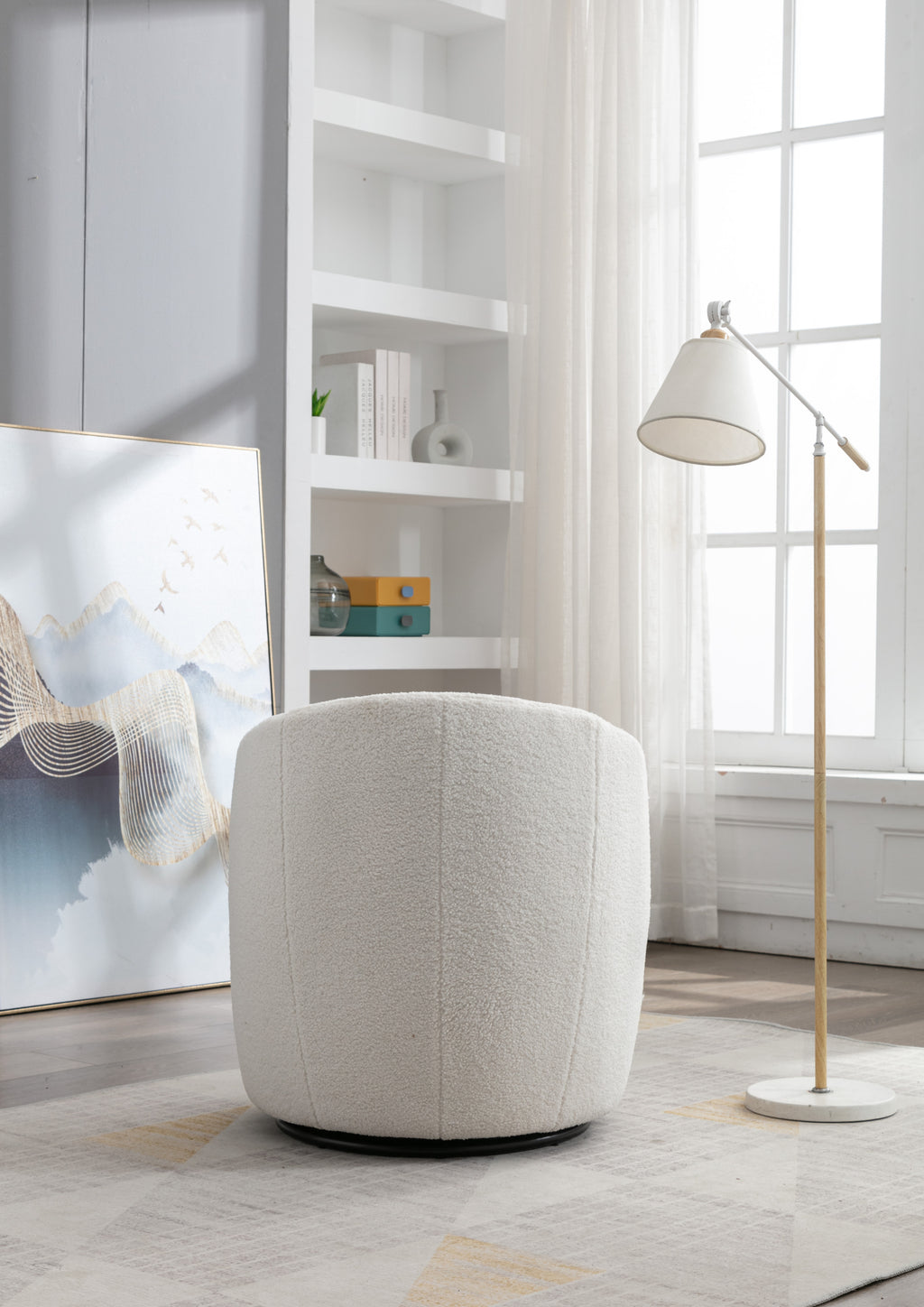Teddy Fabric Swivel Accent Armchair Barrel Chair With Black Powder Coating Metal Ring,Ivory White - Grand Goldman Shop