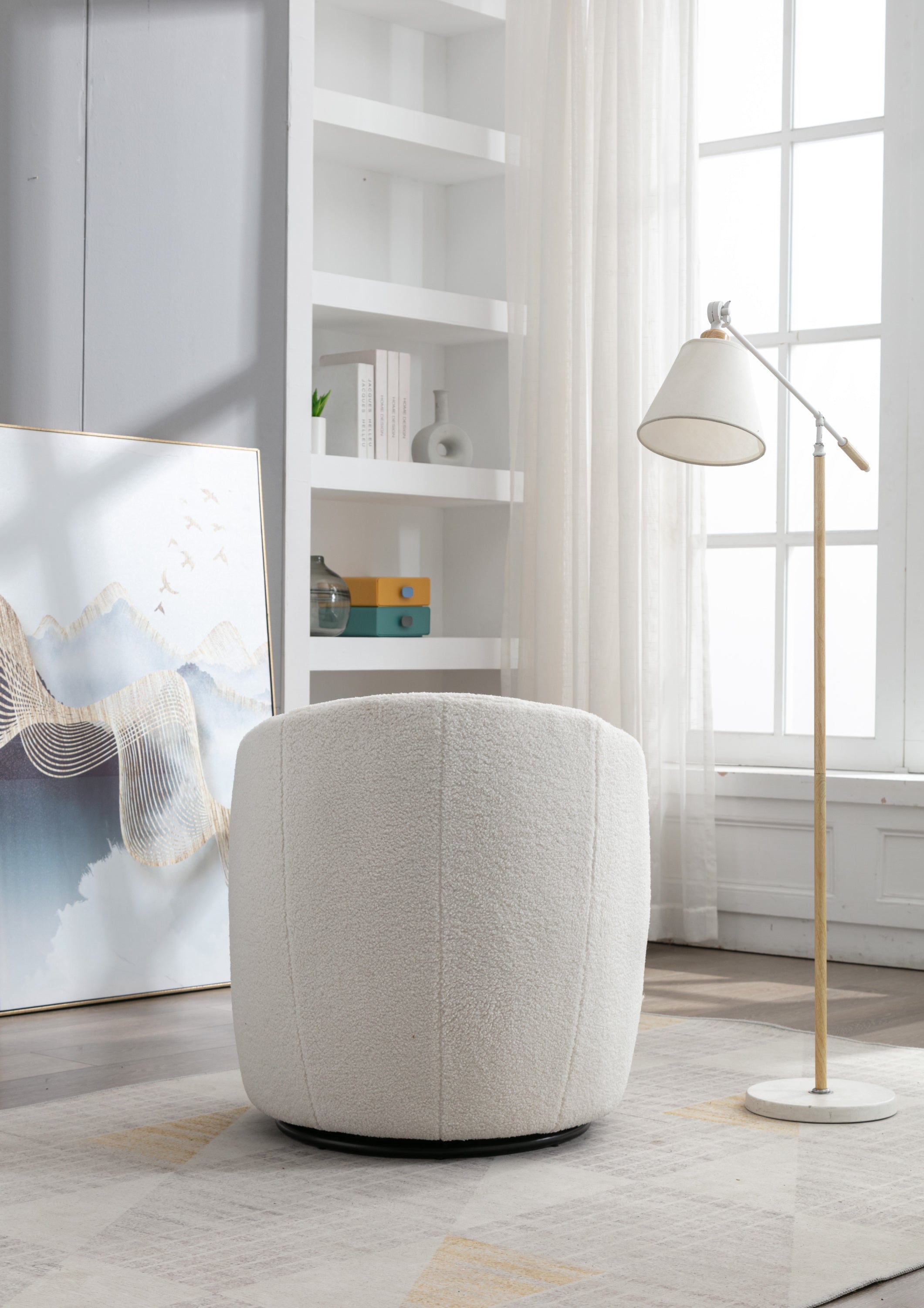 Teddy Fabric Swivel Accent Armchair Barrel Chair With Black Powder Coating Metal Ring,Ivory White - Grand Goldman Shop