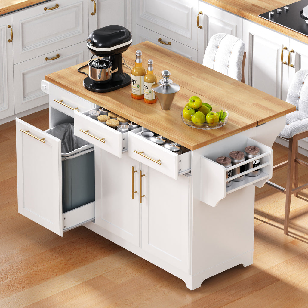 K&K 59.3' Kitchen Island with Storage 2 Pull Out Cabinet Organizers & Rubber Wood Drop Leaf, Rolling Kitchen Island with Trash Can Storage, Power Outlet, Spice & Towel Rack for Kitchen, Dining, White - Grand Goldman Shop