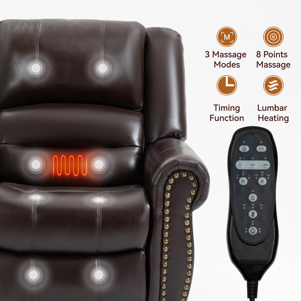 Power Lift Recliner Chair Heat Massage Dual Motor Infinite Position Up to 350 LBS, Faux Leather, Heavy Duty Motion Mechanism with USB Ports, Brown - Grand Goldman Shop
