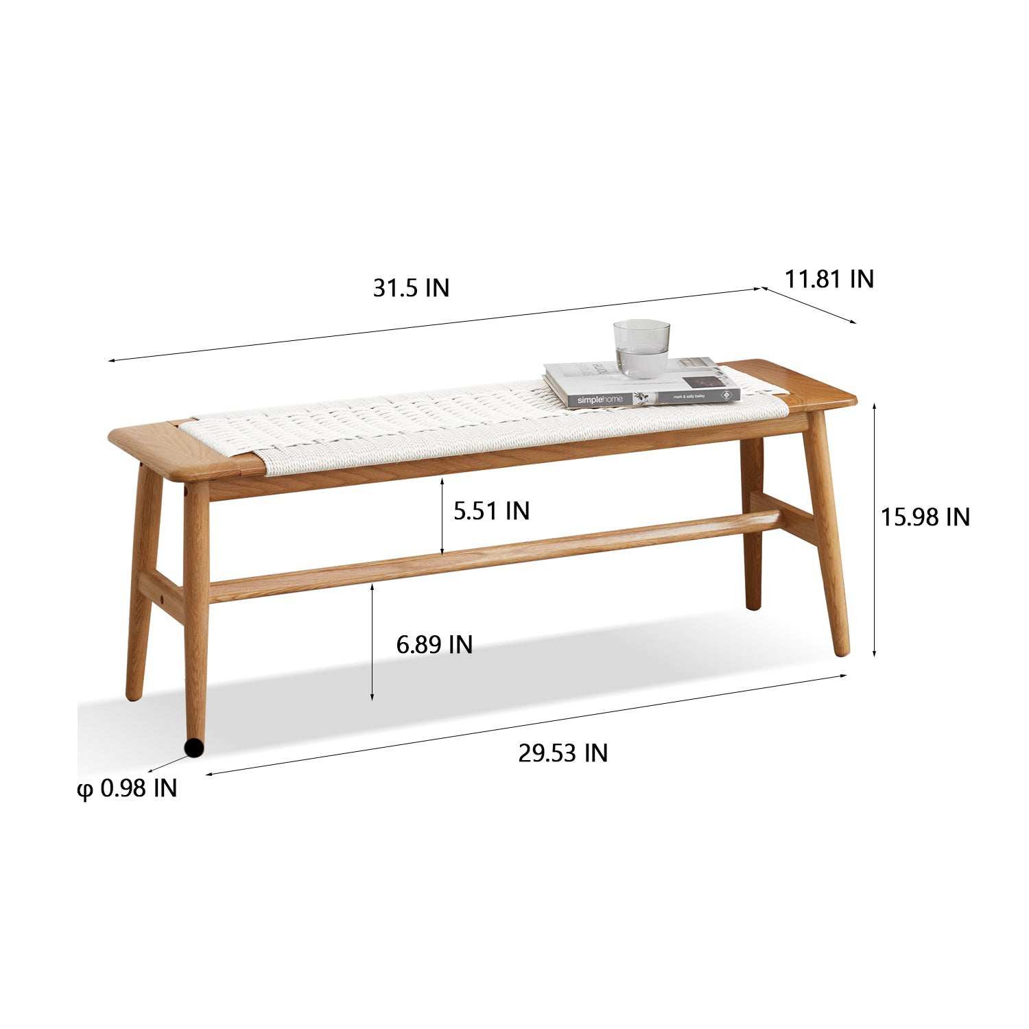 Design Natural Oak Wood Dining Bench Bed Bench with Handwoven Cane Seat in White - Grand Goldman Shop