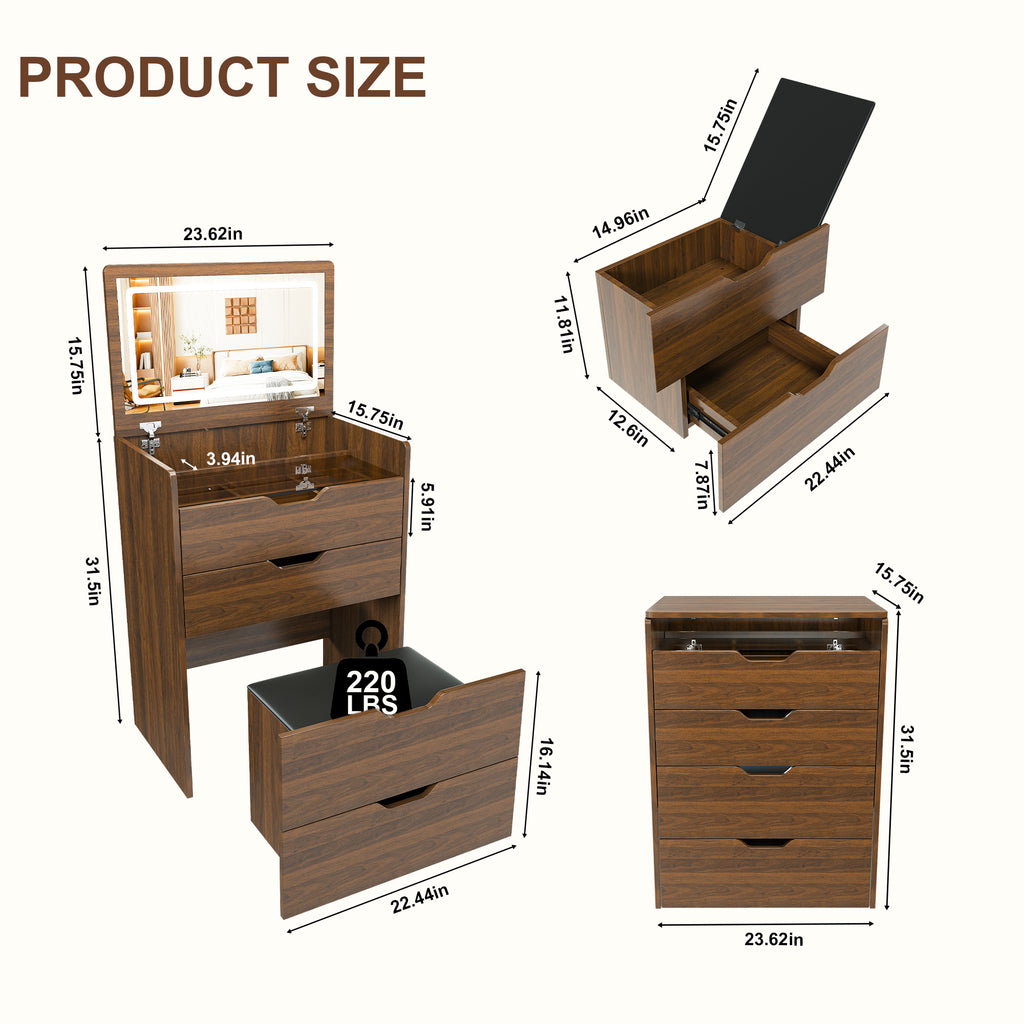 3-in-1 Vanity Desk with Lighted Mirror & Stool, Flip Top Makeup Dressing Table in Walnut Finish, Compact Storage for Bedroom, Bathroom, Dressing Room, 23.62'L - Grand Goldman Shop