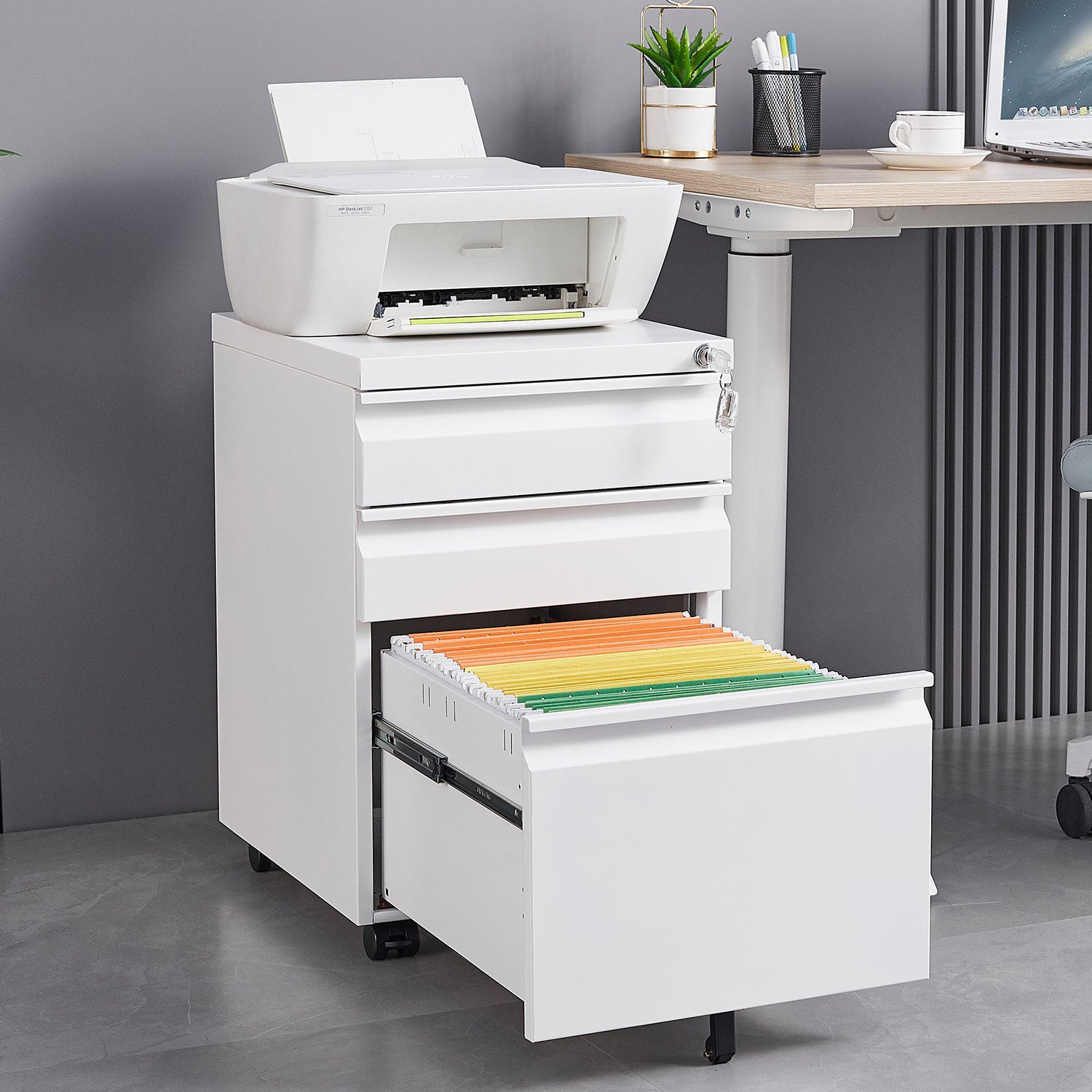Modern 3-Drawer Mobile Filing Cabinet with Lock, White Metal Office Storage, Legal/Letter Size | Premium Home Decor - Grand G