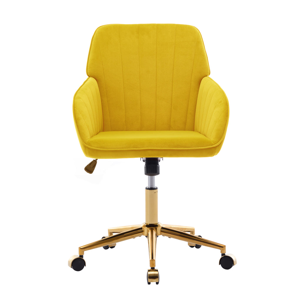 TY Modern Office Chair with Gold Base, Bright Yellow Velvet Upholstery, Wide Backrest and Adjustable Height for Home or Offic