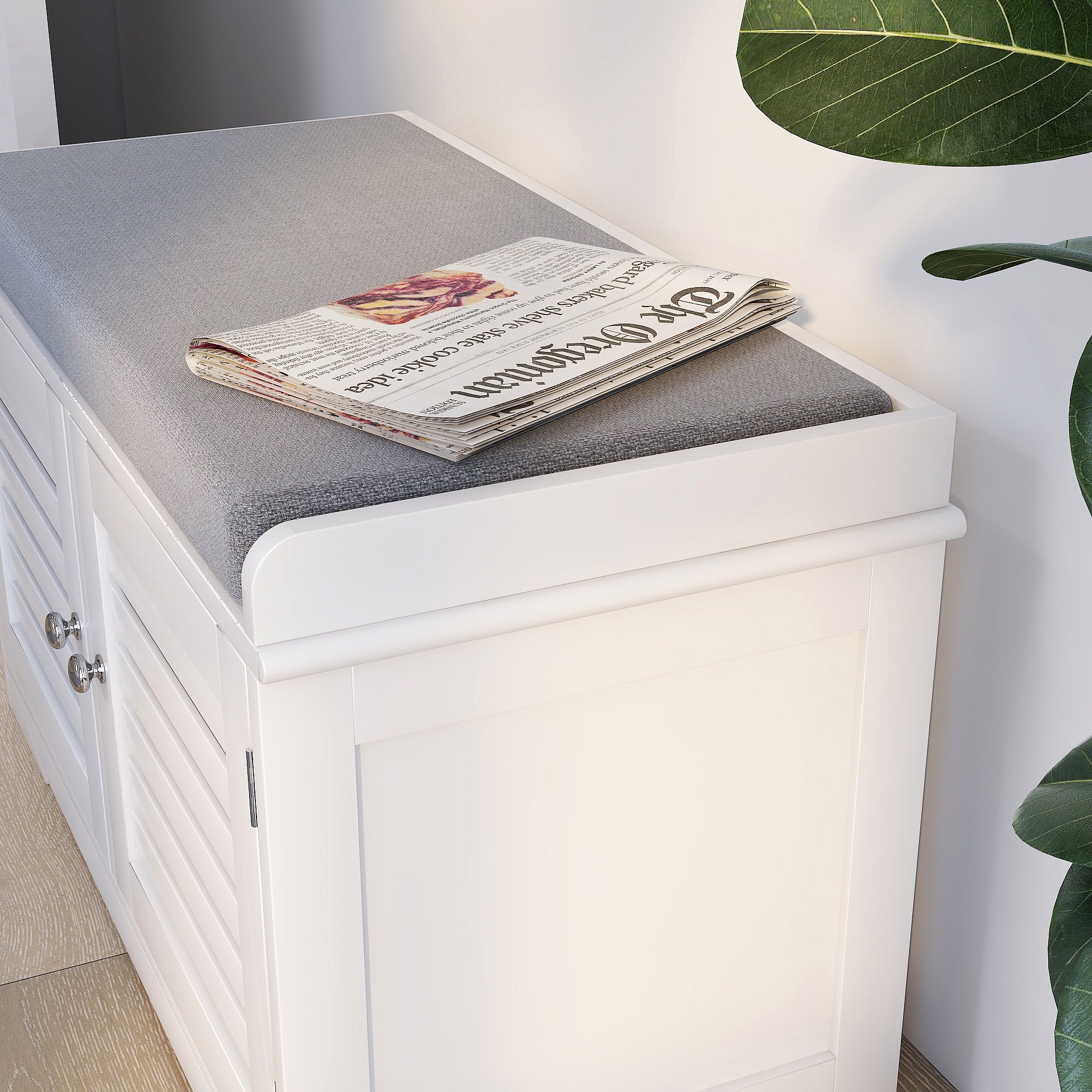 Shoe Storage Bench with Padded Seat Cushion, Entryway Bench with 2 Barn Doors-White - Grand Goldman Shop