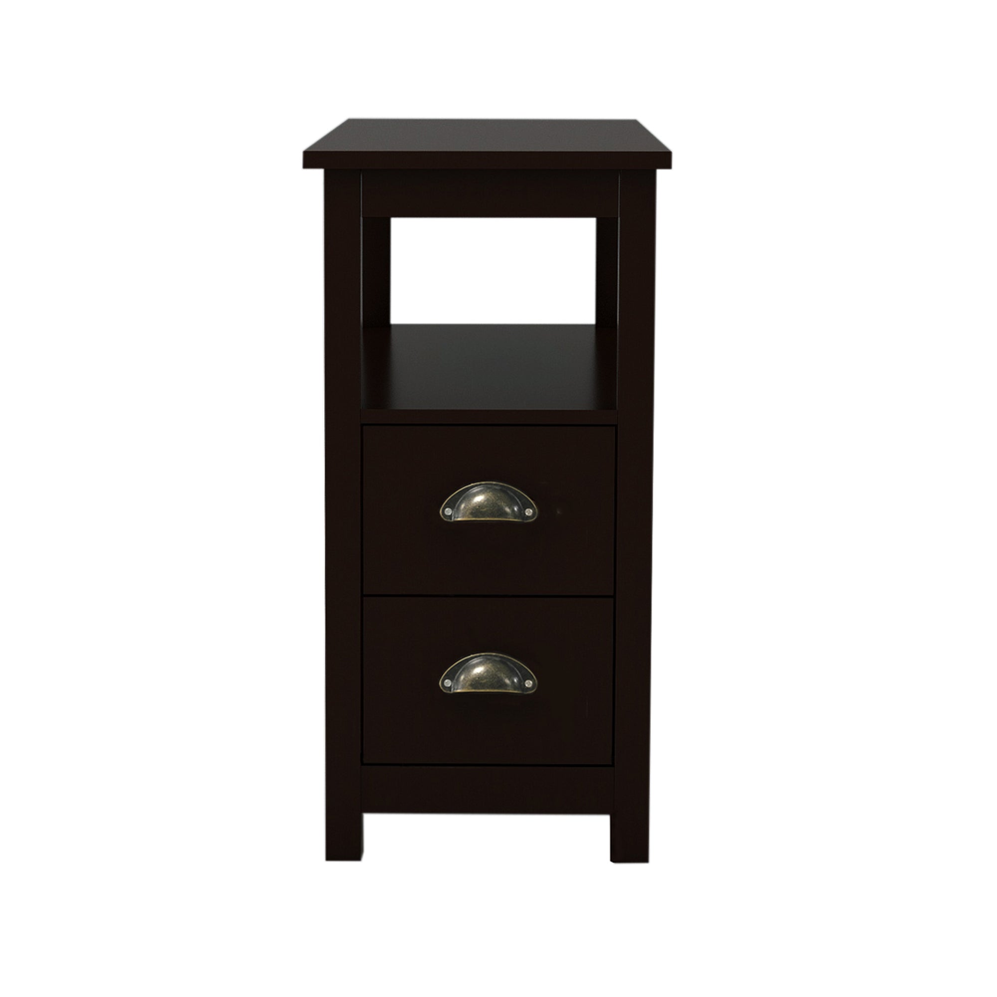 End Table Narrow Nightstand With Two Drawers And Open Shelf-Brown - Grand Goldman Shop