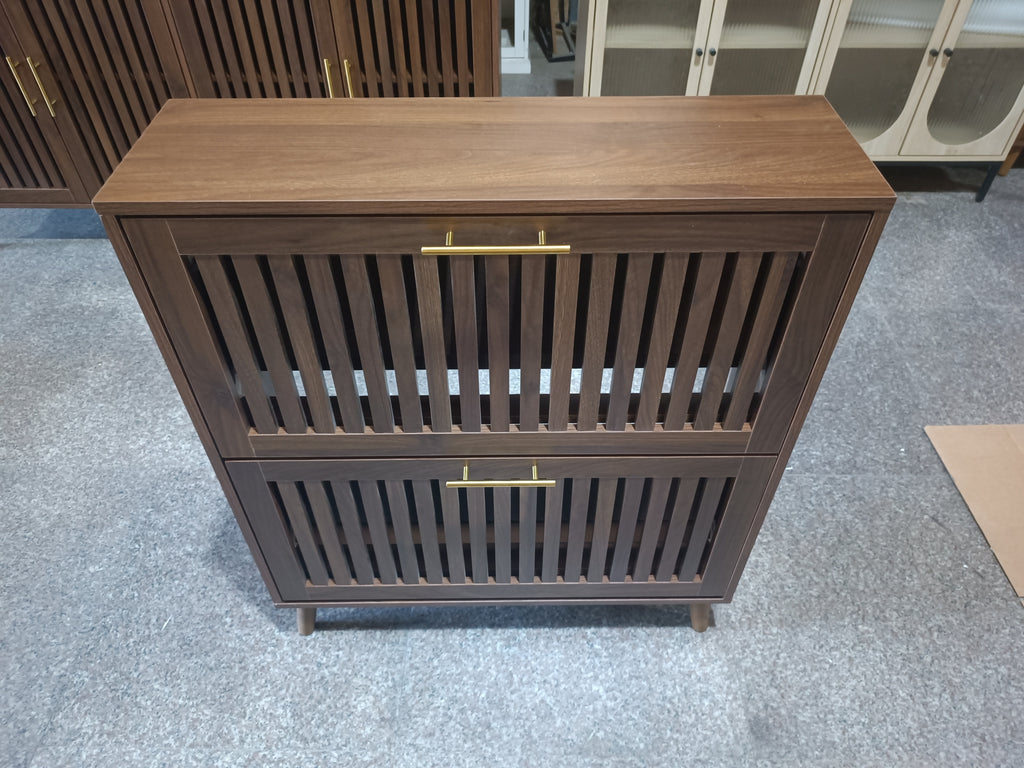 Medieval Modern Walnut Shoe Storage Cabinet With 2 Flip Drawers And Fence Design, 31.5-Inch, Particle Board + MDF - Grand Goldman Shop