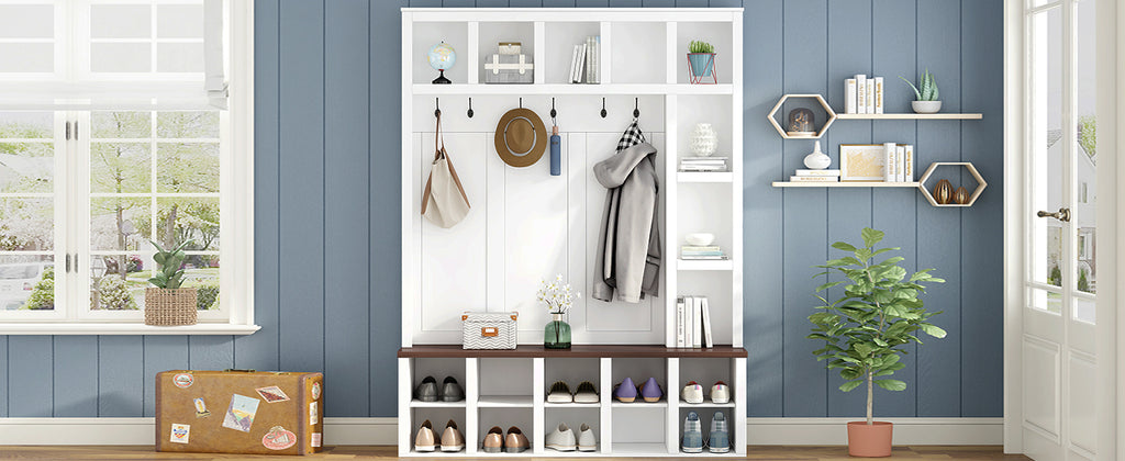 Farmhouse Wooden Hall Tree with 6 Hooks, Walnut Storage Bench with Adjustable Shelves, 4-in-1 Entryway Shoe Cabinet with Cubbies for Mudroom, Living Room, White, 76.7'H (OLD SKU: N721S000044K) - Grand Goldman Shop
