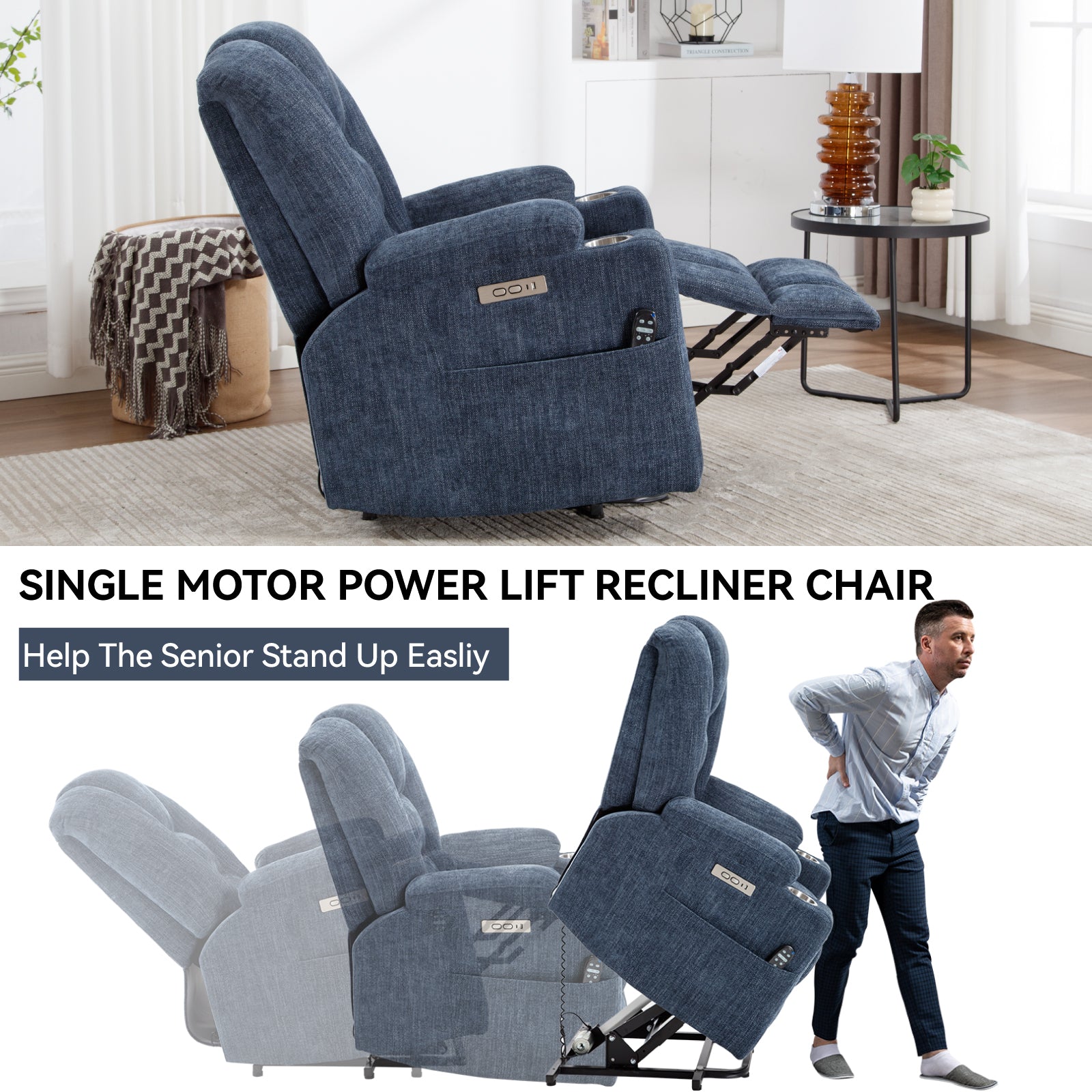 Power Lift Recliner Chair with Massage and Heat for Elderly, Overstuffed Wide Recliners, Heavy Duty Motion Mechanism with USB and Type C Ports, 2 Steel Cup Holders, Blue - Grand Goldman Shop