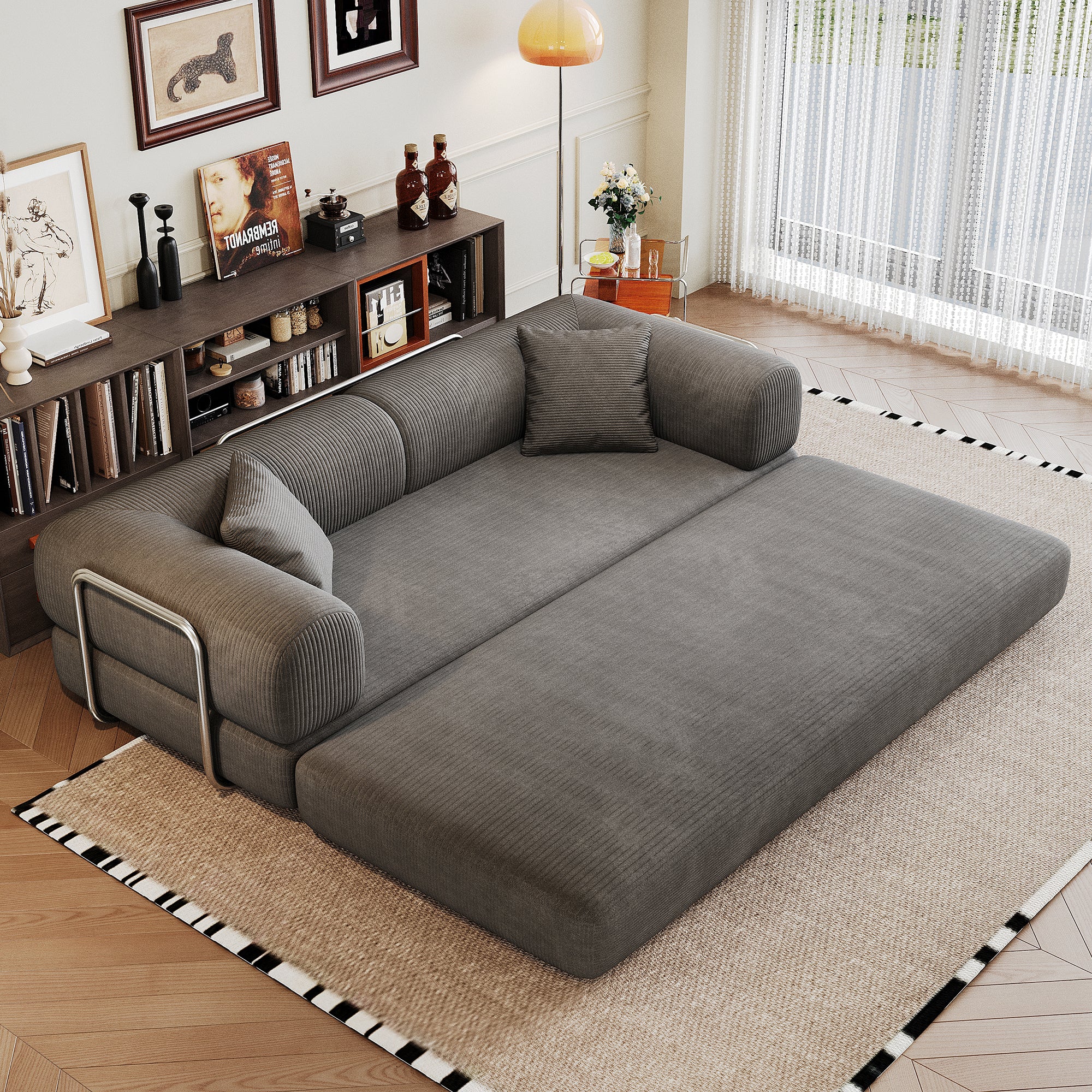 78.8' Compression Sofa,Convertible Floor Sofa Bed-with Pillow Back Support Armrest,Comfy Futon Couch Sleeper Bed,Loveseats Boneless Modular Sectional Sofa,Corduroy fabric,for Living Room,Bedroom,Grey - Grand Goldman Shop