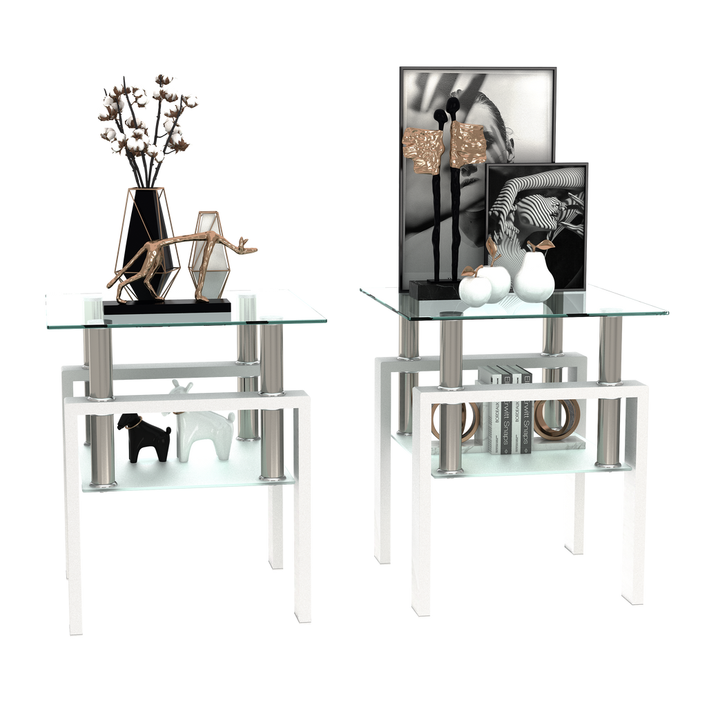 Set of 2, Modern Tempered Glass Tea Table Coffee Table End Table, Square Table for Living Room, Transparent/White - Grand Goldman Shop