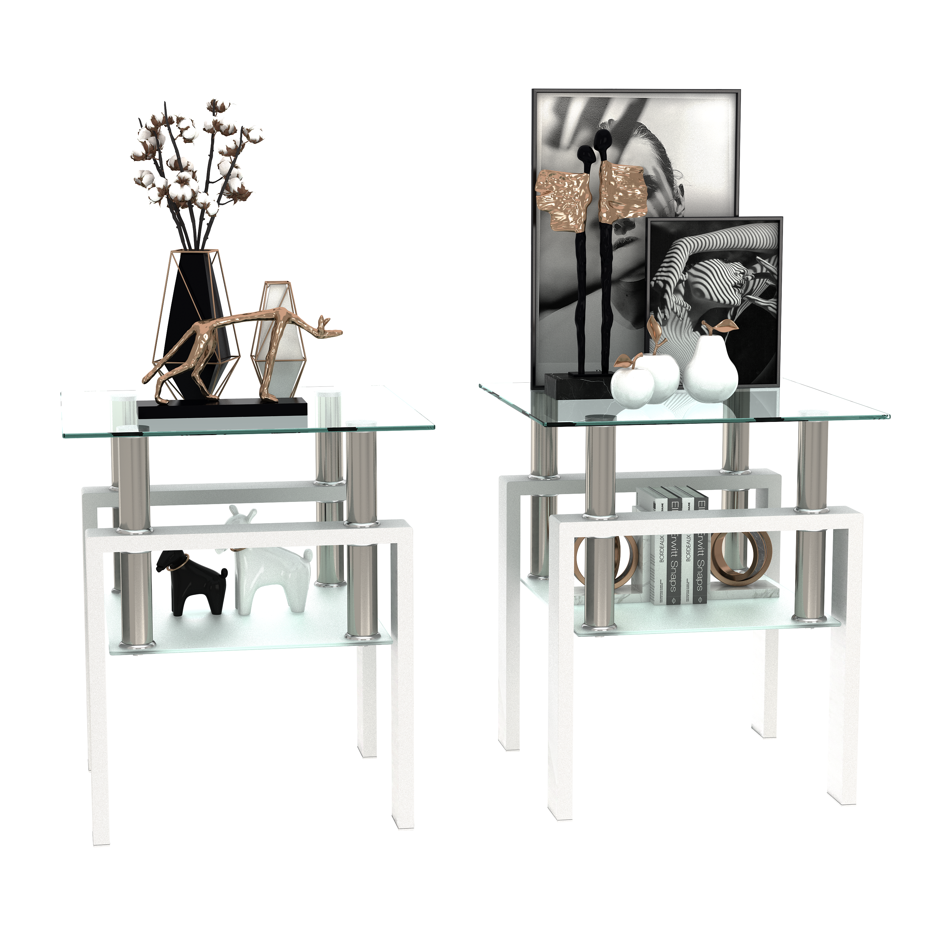 Set of 2, Modern Tempered Glass Tea Table Coffee Table End Table, Square Table for Living Room, Transparent/White - Grand Goldman Shop