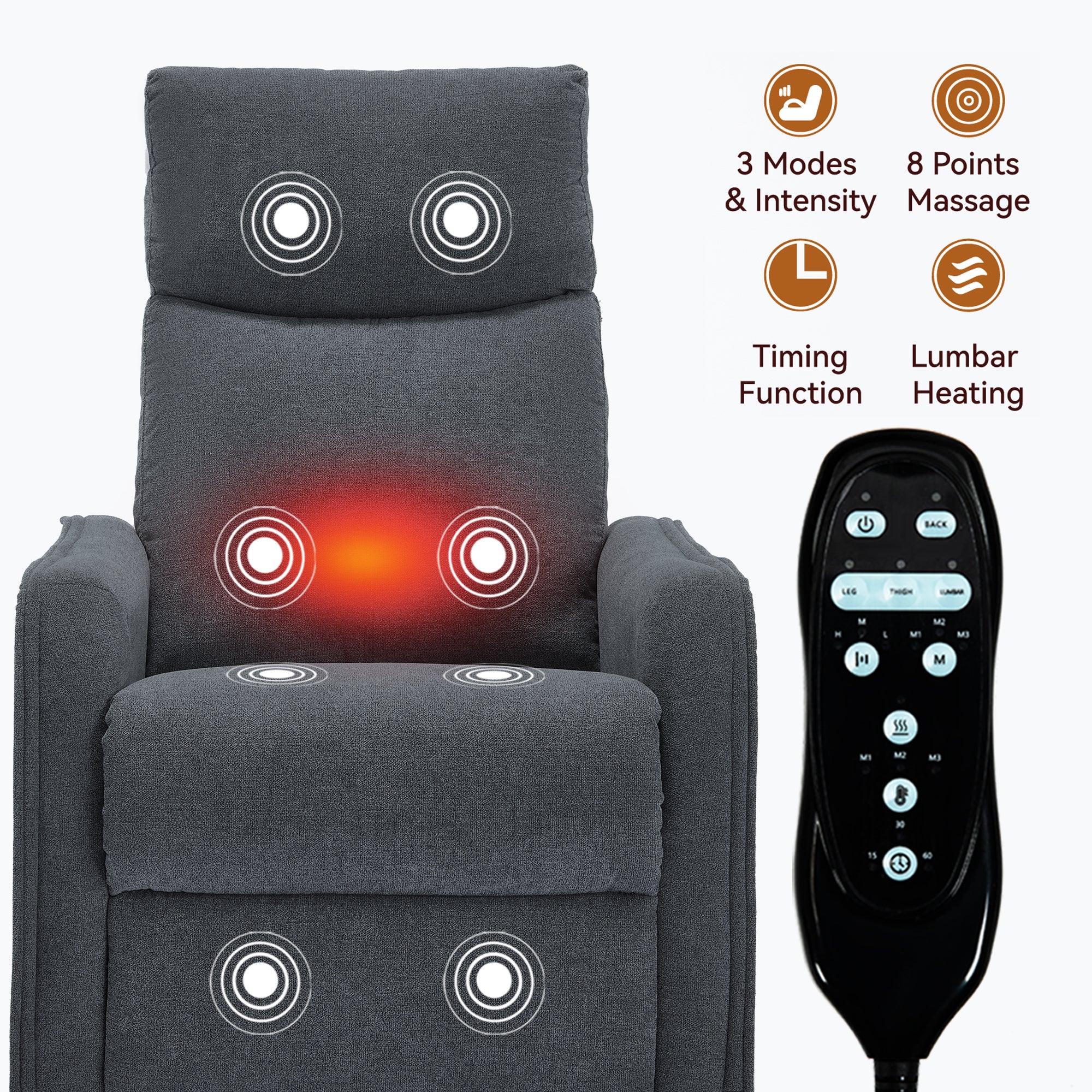 Heat Massage Manual Recliner Chair with Rocker and Swivel in Fabric for Living Room, Grey - Grand Goldman Shop