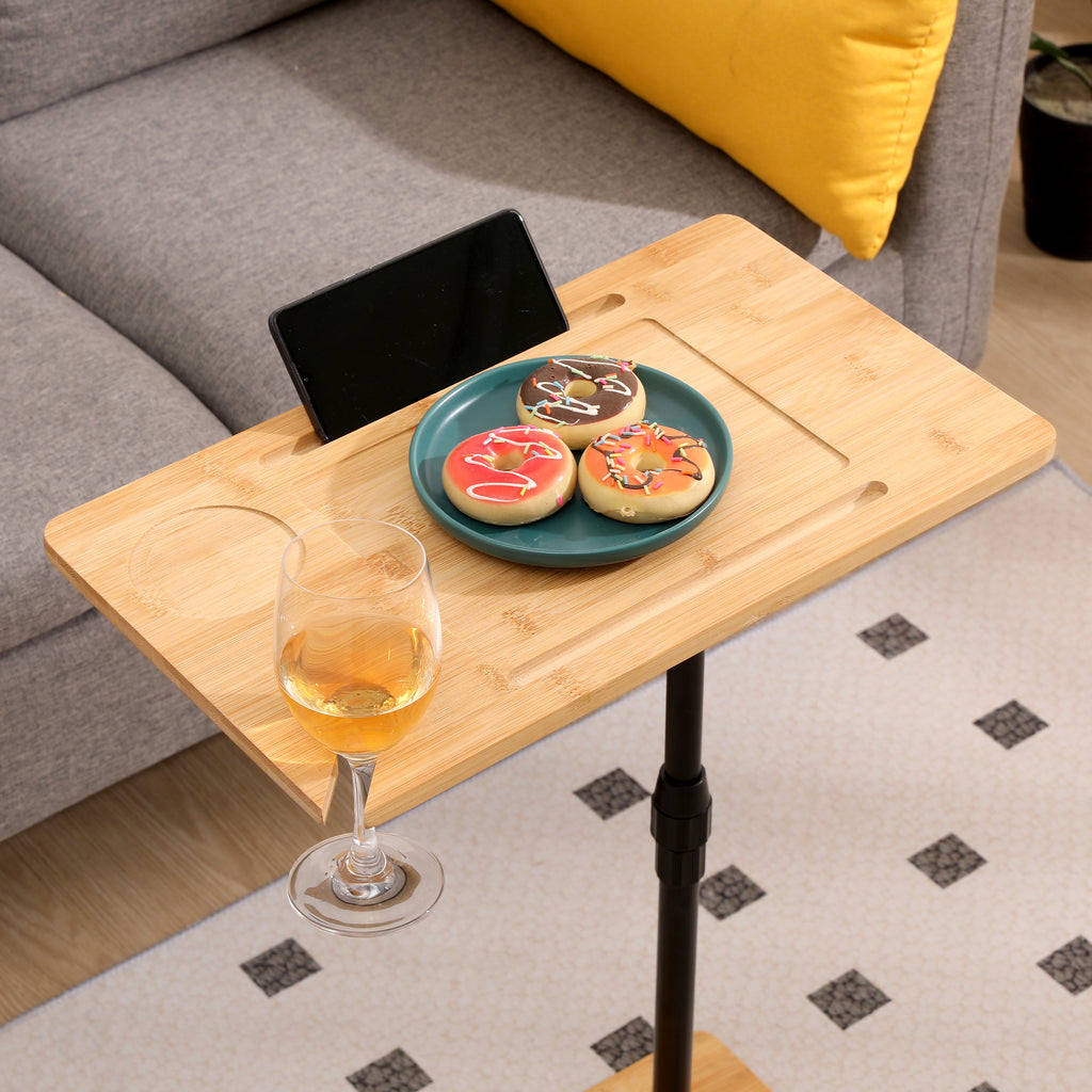 Bamboo Couch Tray Table Height Adjustable C-Shaped End Table with Slots 2 Tier Sofa Side Table for Living Room & Bedroom (Rectangle + Rectangle) - Grand Goldman Shop