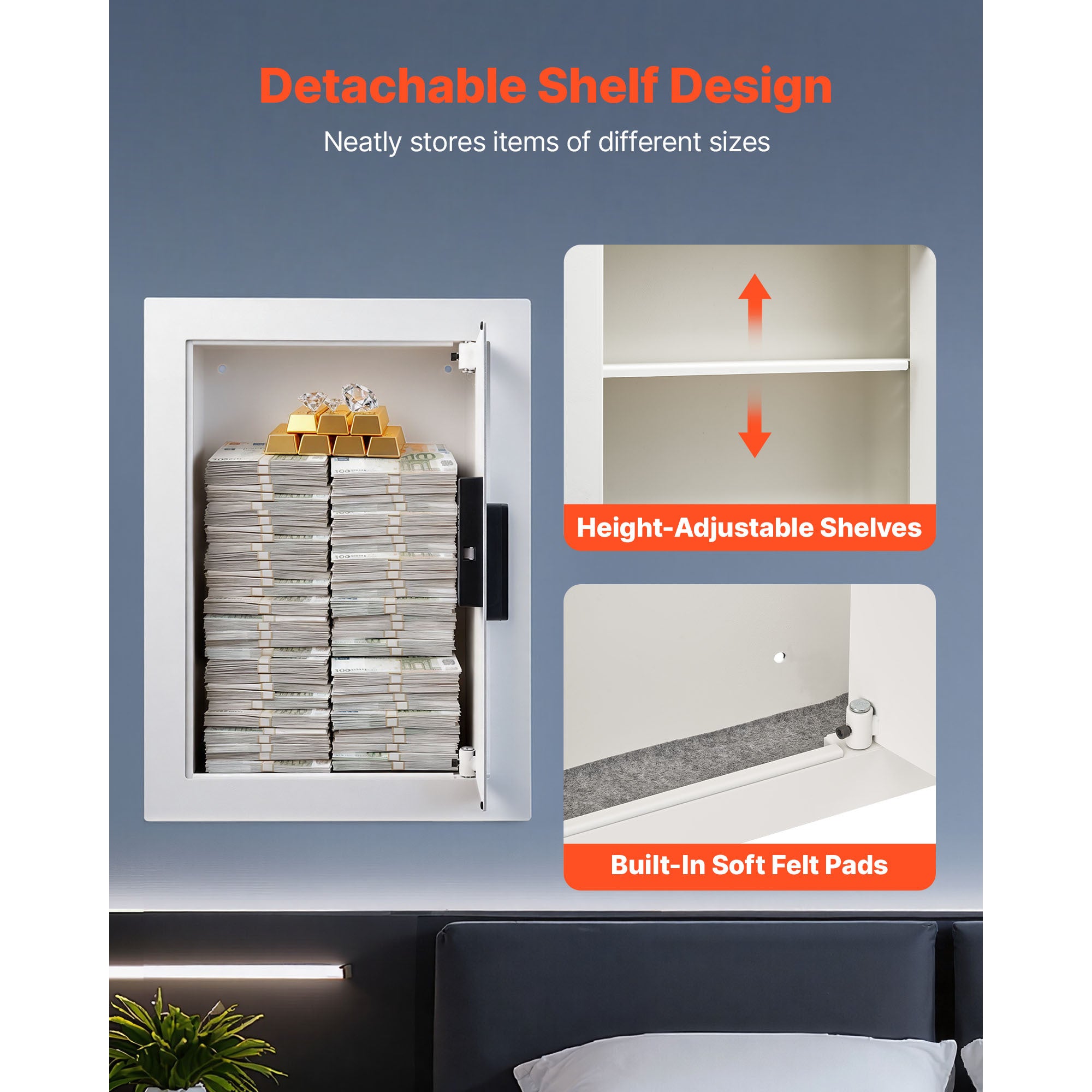 Stylish 0.83 sq.ft Wall Safe, 3-Tier Hidden Wall Safe with Password, Key & Turning Knob, Q235 Cold-Rolled Steel In-Wall Box w