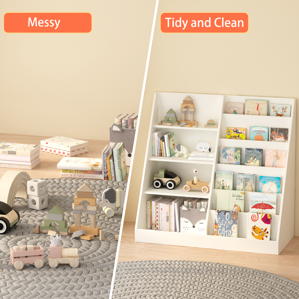 Kids Bookshelf and Toy Storage Organizer, Multifunctional 4-Tier White Wooden Bookcase with Toy Bin for Nursery, Playroom, or