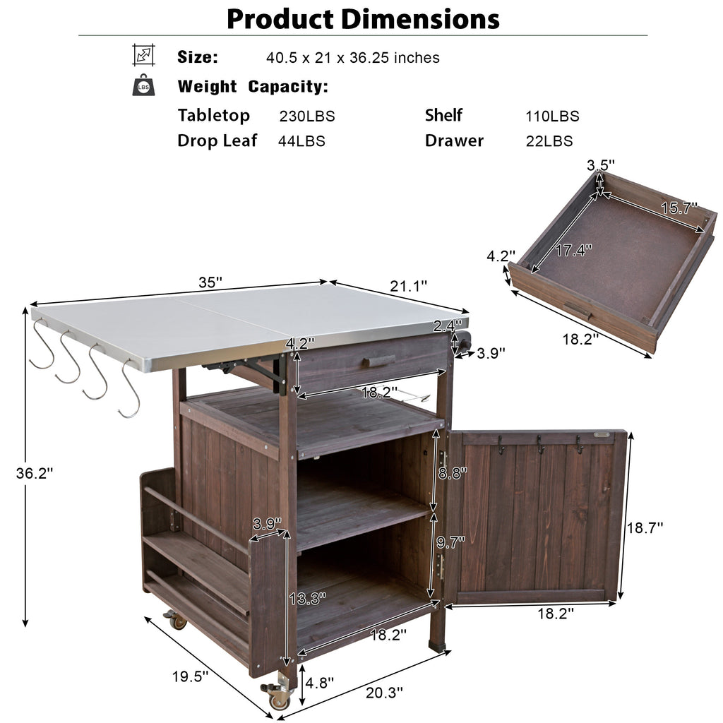 K&K 40.5' Outdoor Grill Cart with Stainless Steel Top, Solid Wood Outdoor Storage Cabinet with Drop Leaf, One Drawer, Towel Rack, Rolling Kitchen Cart with Lockable Wheels for Lawn Garden, Brown - Grand Goldman Shop