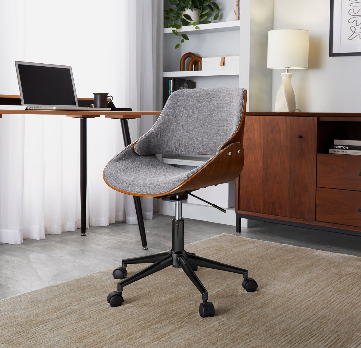 Contemporary Office Chair in Black Metal, Walnut Wood, and Grey Fabric - Grand Goldman