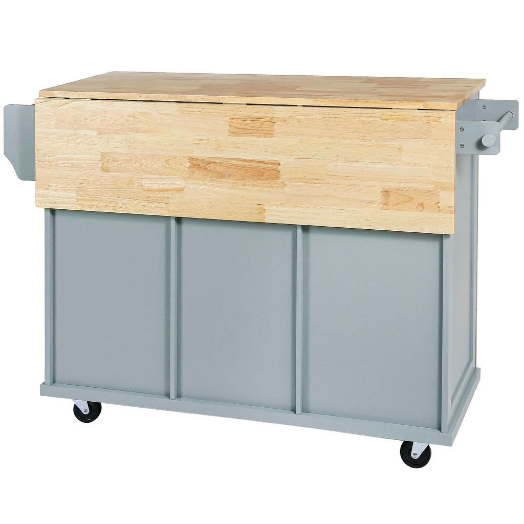 Kitchen Cart with Rubber wood Drop-Leaf Countertop ,Cabinet door internal storage racks,Kitchen Island on 5 Wheels with Storage Cabinet and 3 Drawers for Dinning Room, Grey Blue - Grand Goldman Shop