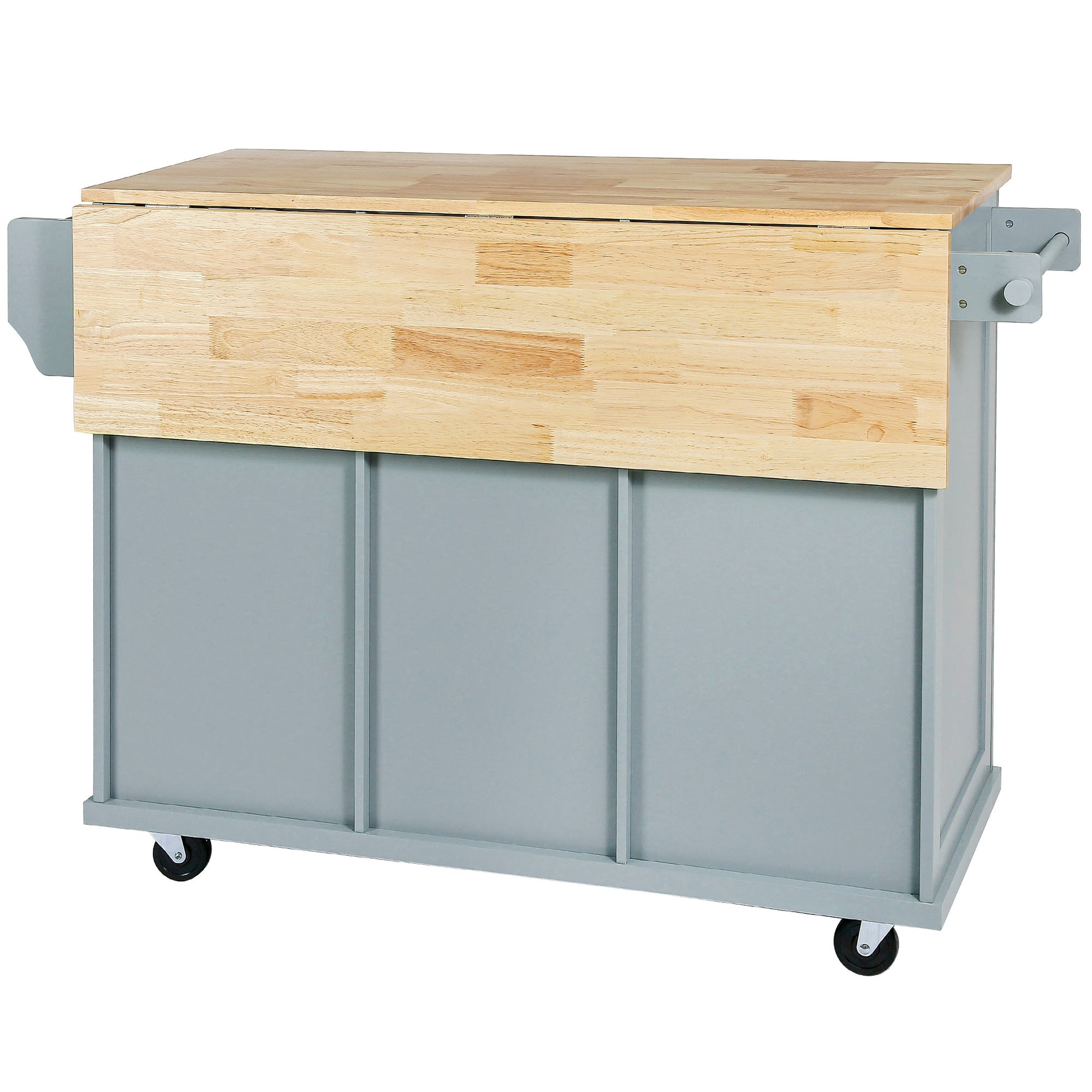 Kitchen Cart with Rubber wood Drop-Leaf Countertop ,Cabinet door internal storage racks,Kitchen Island on 5 Wheels with Storage Cabinet and 3 Drawers for Dinning Room, Grey Blue - Grand Goldman Shop
