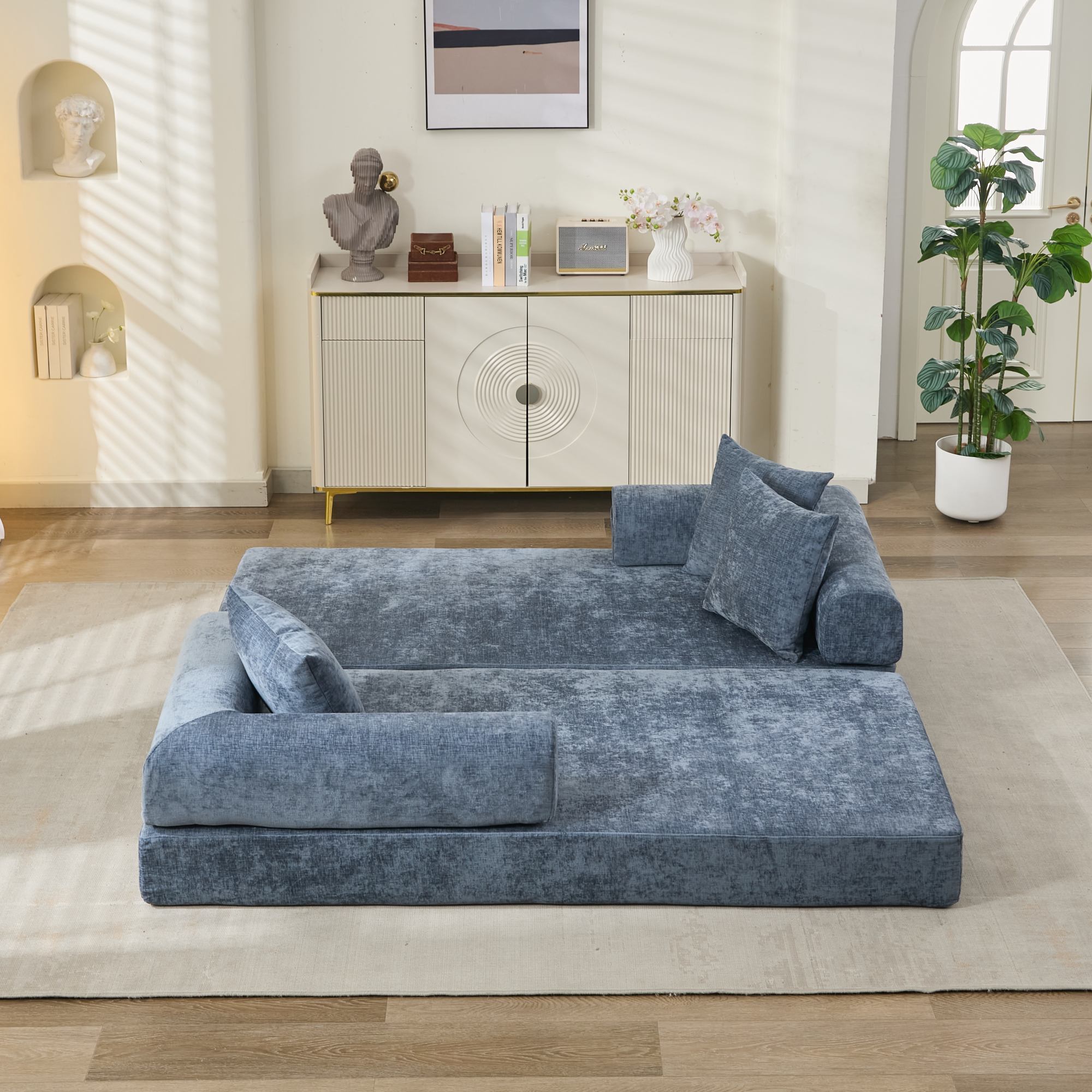 Comfy Convertible Folding Mattress Couch, Floor Sofa Bed, Chenille Floor Sofa with Armrest, Floor Sofa Lounge Couch for Living Room Bedroom Lounge Studio-Blue - Grand Goldman Shop