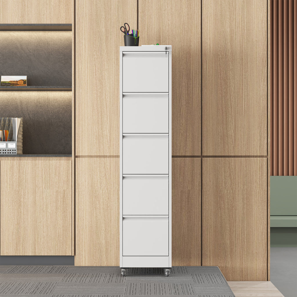 Heavy Duty 5 Drawer Metal Vertical File Cabinet with Lock and Wheels for Home Office, White, 17.72'D x 14.96'W x 64.21'H - Gr