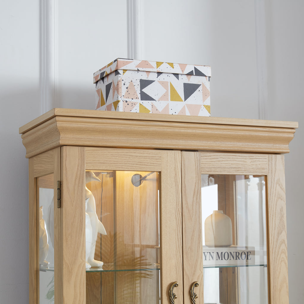 Lighted Glass Curio Display Cabinet,Display Cabinet,Glass Storage Cabinet Glass Wine cabinet Wood Frame Toy Display for Living Room, Kitchen, Pantry light bulb included Light oak - Grand Goldman Shop