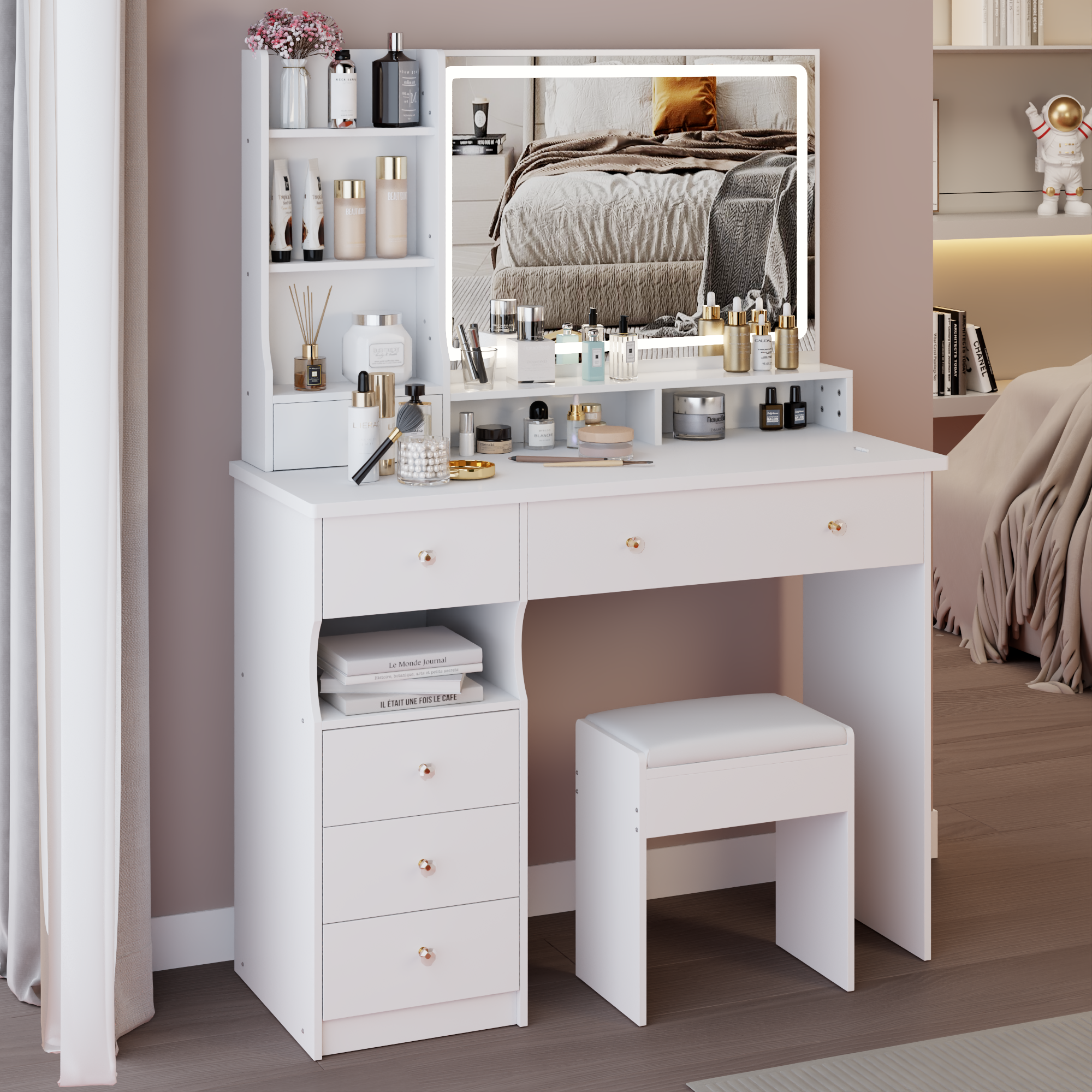 41' Large Sized Desktop Vanity Table + Cushioned Stool, Oversized desktop, Large Touch Control LED Mirror, 3-color Switch, Multi Layer High Capacity Storage Fashion Dresser, EPA, GCC, UL Certificate - Grand Goldman Shop
