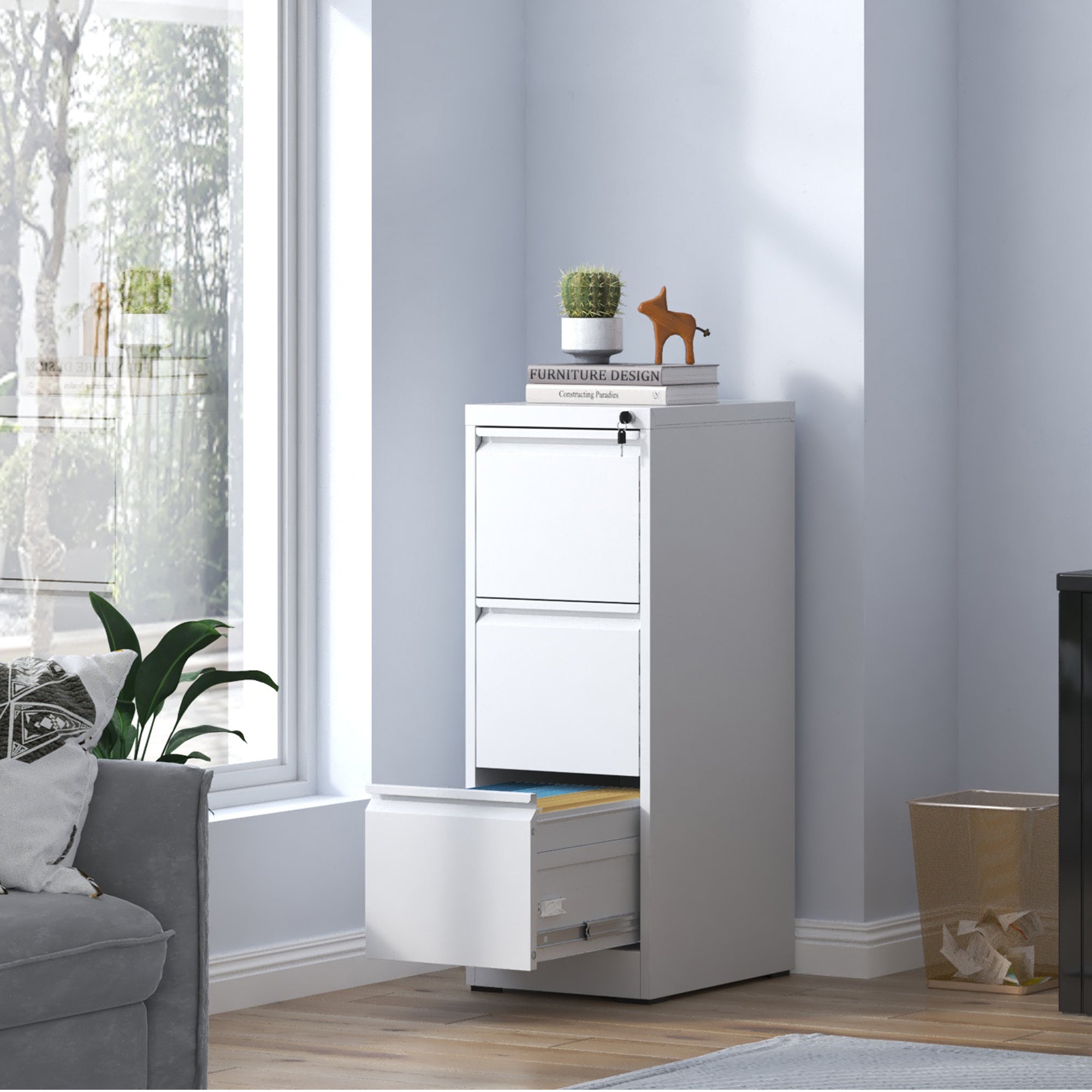 SteelCraft 3 Drawer Metal Vertical File Cabinet with Lock White Steel for A4 Legal/Letter Size | Premium Home Decor - Grand G