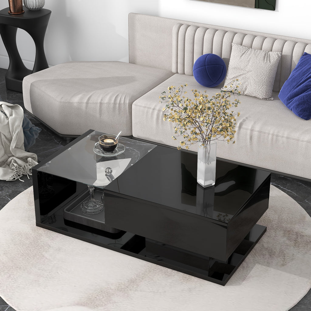 [VIDEO provided] ON-TREND Modern Coffee Table with Tempered Glass, Wooden Cocktail Table with High-gloss UV Surface, Modernist 2-Tier Rectangle Center Table for Living Room, Black - Grand Goldman Shop