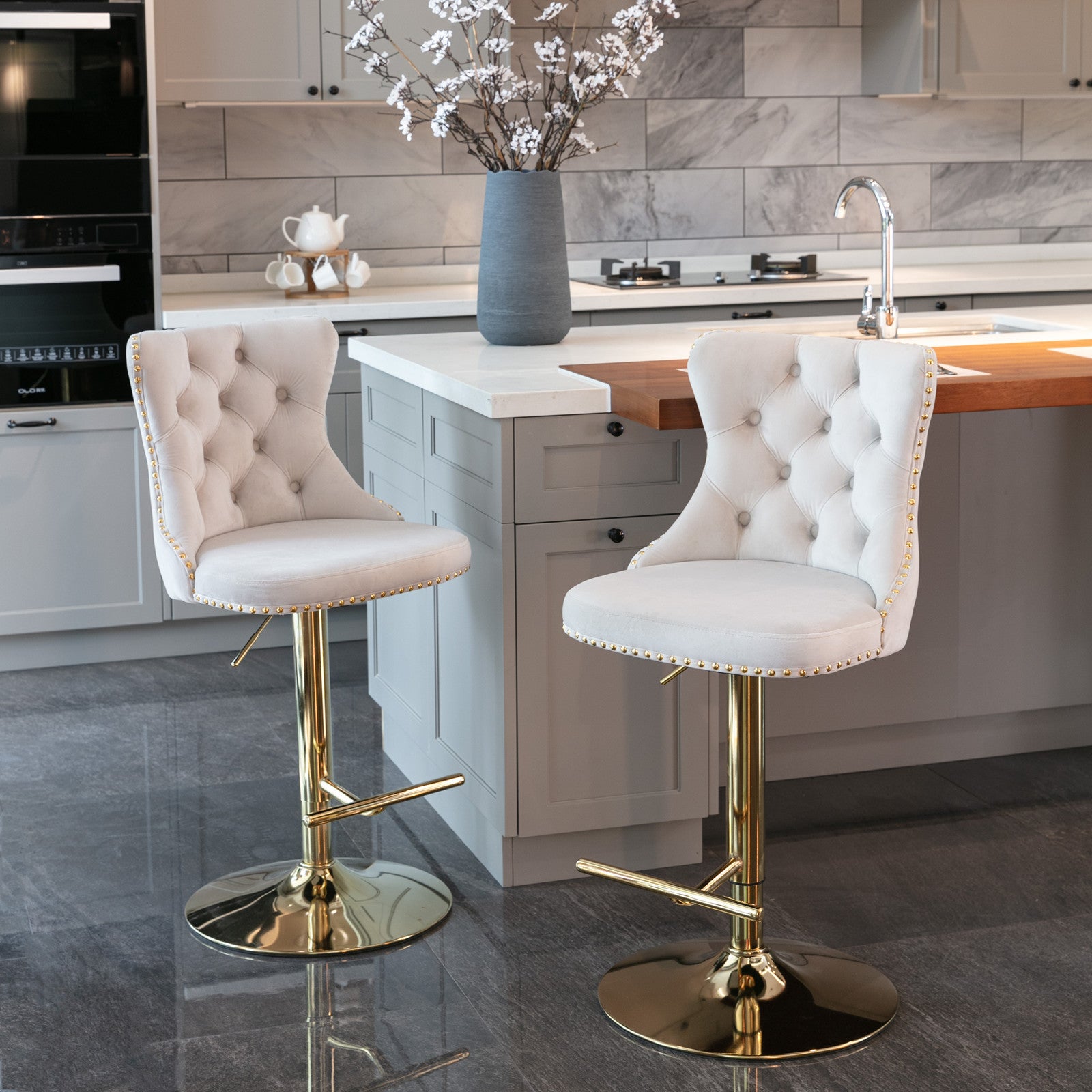 A&A Furniture,Golden Swivel Velvet Barstools Adjusatble Seat Height from 25-33 Inch,Modern Upholstered Bar Stools with Backs Comfortable Tufted for Home Pub and Kitchen Island,Beige,Set of 2 - Grand Goldman Shop