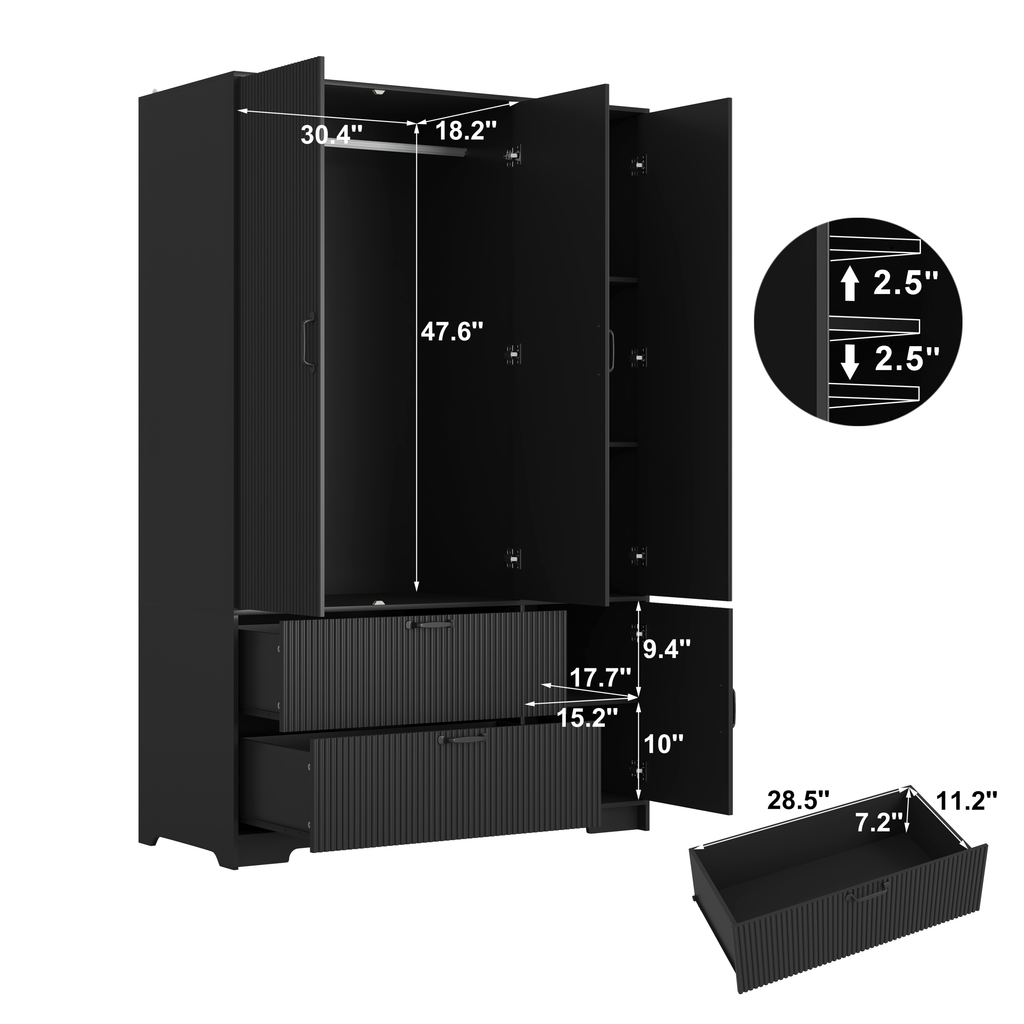 4 Doors Wardrobe Closet with Mirror, LED Wardrobe with Doors and 2 Drawers, Wooden Wardrobe Storage Cabinet with Hanging Rod, Adjustable Shelves, Black - Grand Goldman Shop