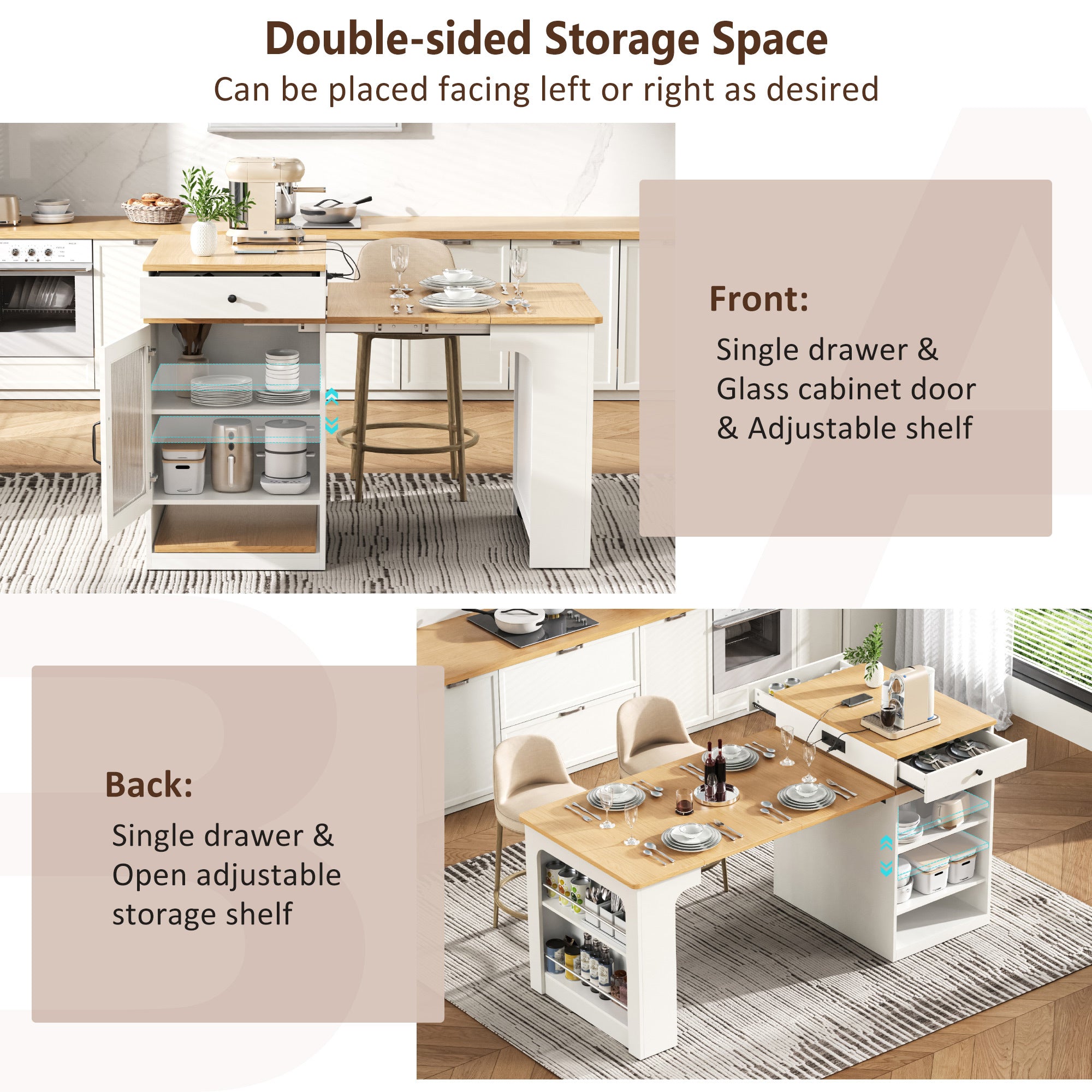 K&K 59.5' Kitchen Island with Extendable Dining Table, Kitchen Storage Table with Double-sided Storage, Kitchen Island with 2 Drawers, Power Outlet, Side Open Shelves, for Kitchen, Dining Room, White - Grand Goldman Shop